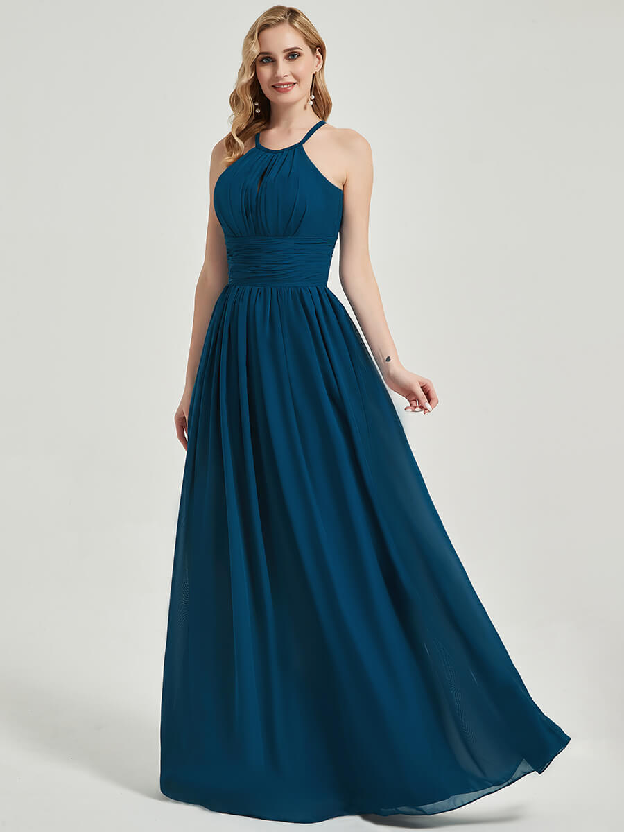Elegant Dark Navy Pleated Halter Neck Sleeveless Maxi Chiffon Bridesmaid Dress for Wedding Party, Formal Events & Evening Occasions