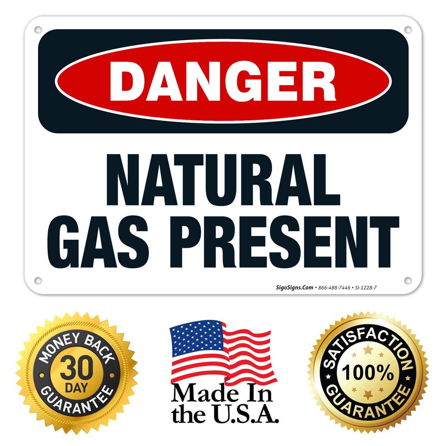 Danger Natural Gas Present Sign - OSHA Compliant 10x7 Inch Rust-Free Aluminum Safety Sign, Fade Resistant for Indoor/Outdoor Use - Made in USA | Perfect for Construction Sites, Factories & Hazardous Areas