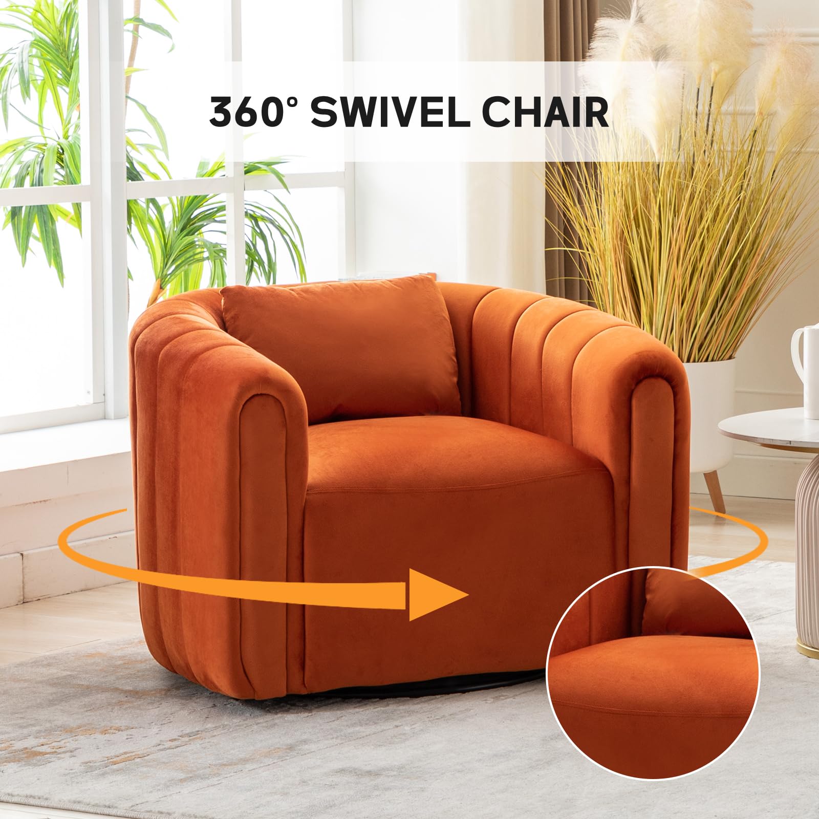 360-Degree Swivel Accent Chair for Living Room - Round Barrel Armchair with Pumpkin Shape, Single Club Sofa for Bedroom, Apartment & Office - Orange | Perfect for Reading Nook, Lounge Area & Small Spaces