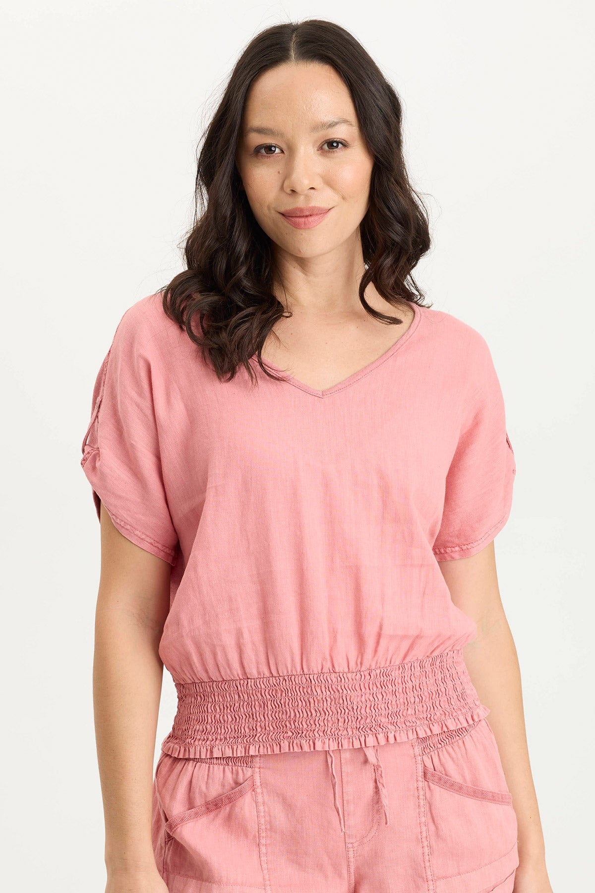 Oko Women's Linen Jersey Cinched Hem T-Shirt - Breathable Summer Casual Top for Beach, Travel & Everyday Wear