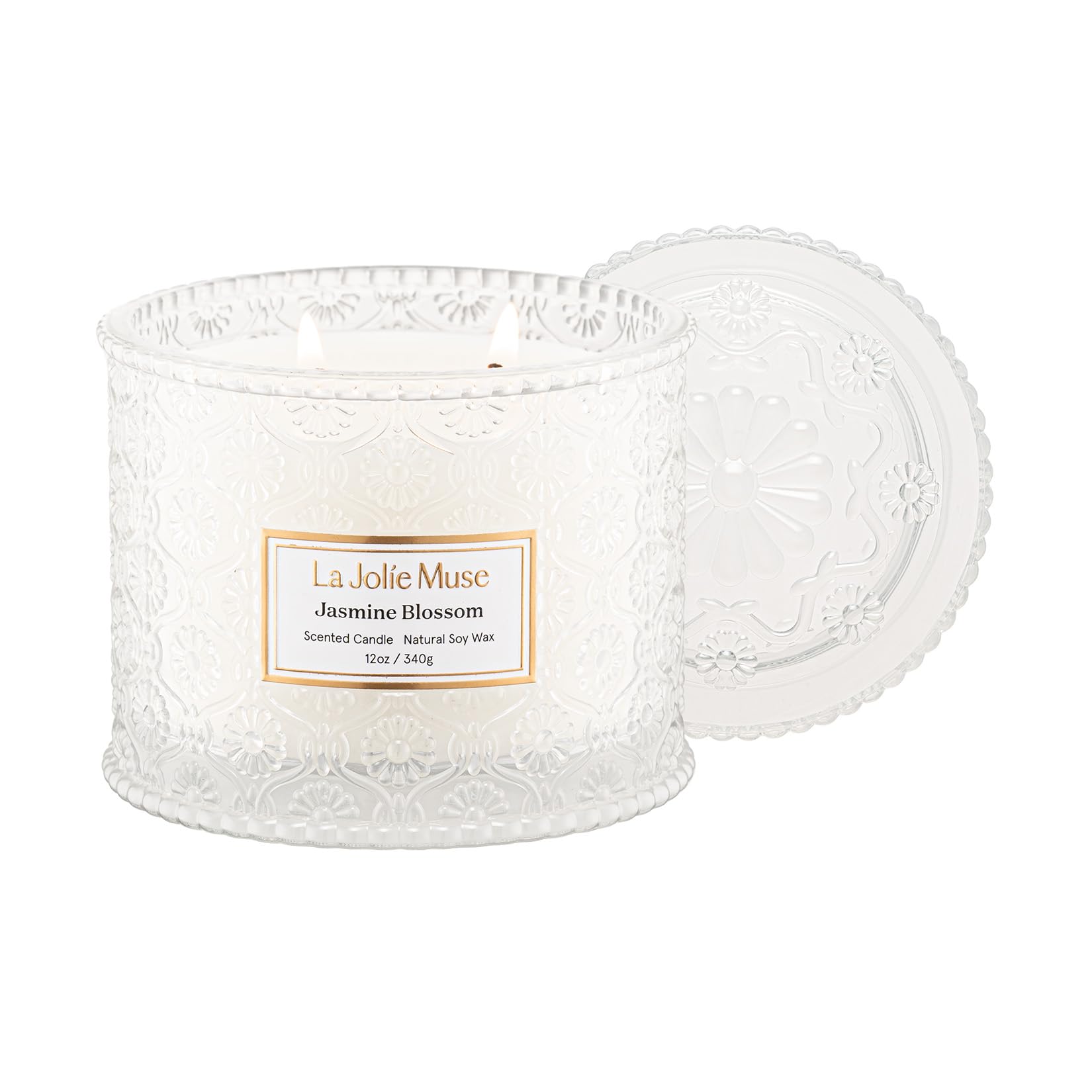 LA JOLIE MUSE Jasmine Scented Candle - 12oz Luxury 2-Wick Soy Candle for Home, 60 Hours Long Burning, White Decorative Candle - Perfect for Mother's Day Gifts, Relaxation & Aromatherapy