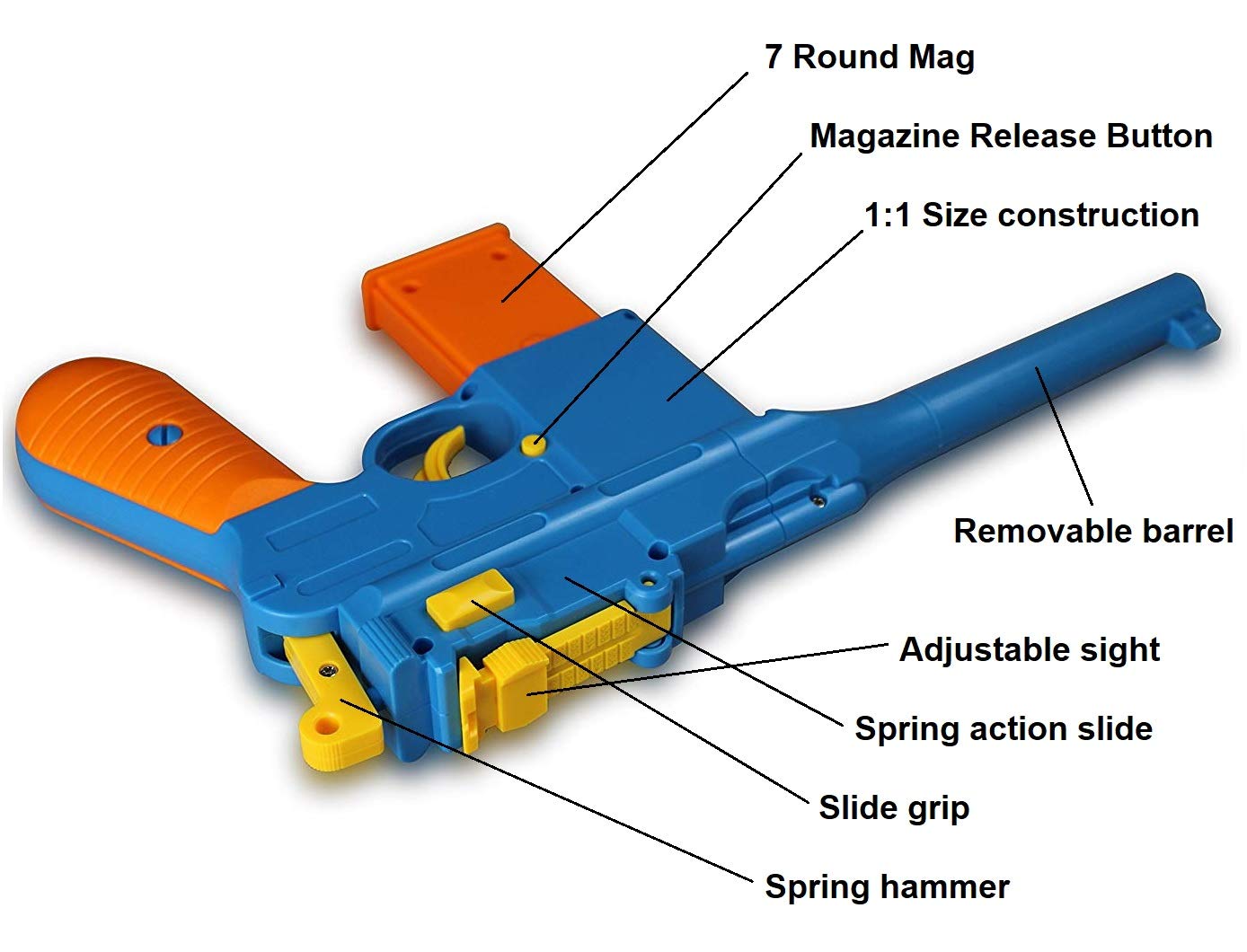 C96 Toy Gun with Soft Bullets - 7 Round Ejectable Magazine, Removable Barrel & Adjustable Sight | Pull Back Action Pistol for Kids | Outdoor Play, Target Practice & Role Play Games