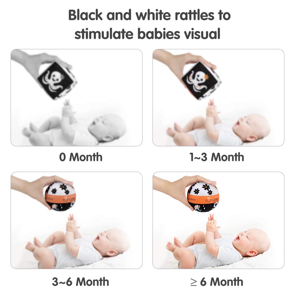 TUMAMA High Contrast Baby Toys - 4 Pack Black & White Stroller Toys with Plush Rattles & Rings for Newborns 0-12 Months | Sensory Development & Visual Stimulation for Infants & Toddlers | Perfect for Car Seat, Crib & Playtime