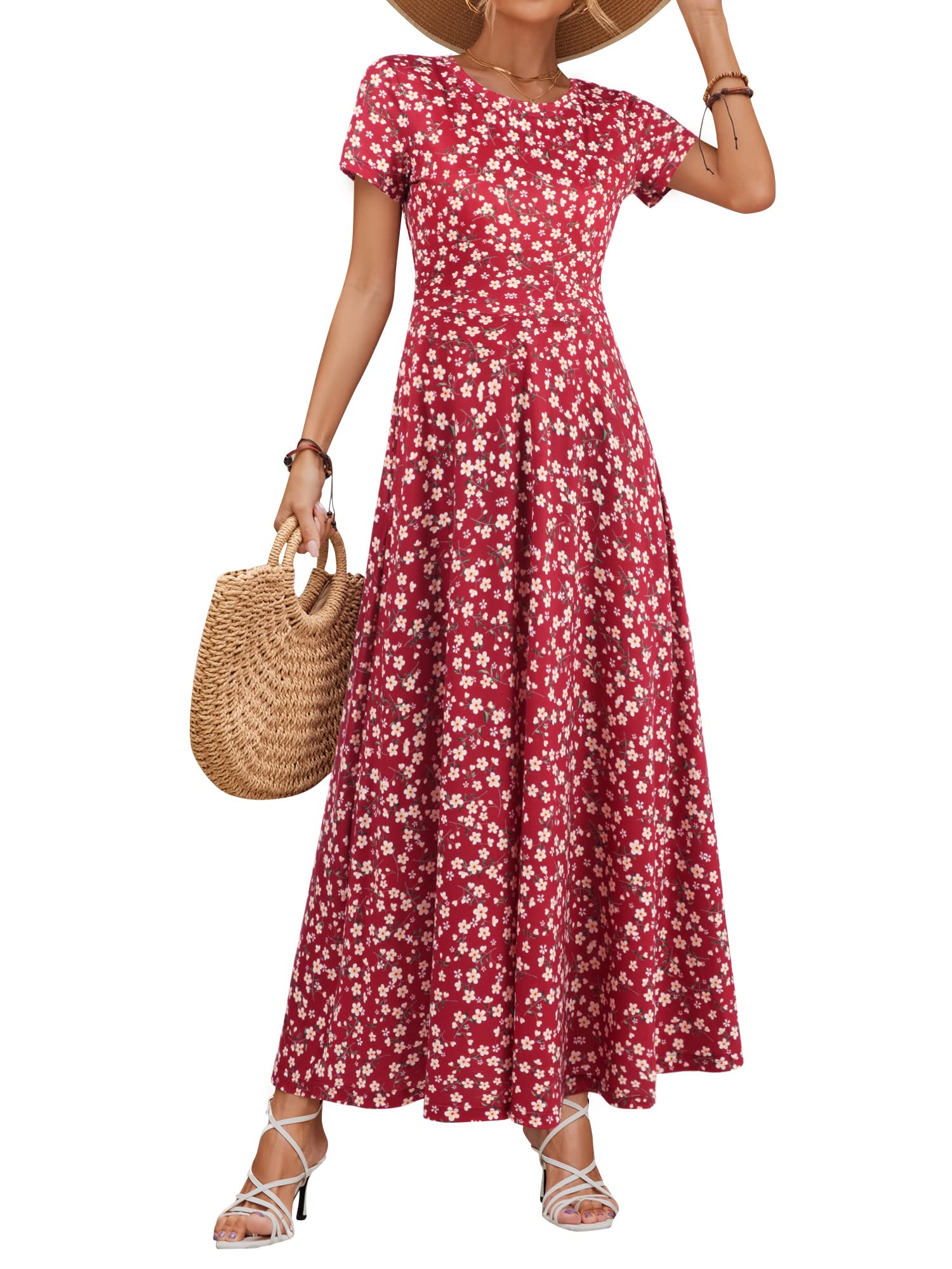 ZABERRY Women's 2024 Short Sleeve Round Neck Flowy Maxi Dress with Pockets - Casual Summer & Spring Dress for Beach, Vacation, and Everyday Wear