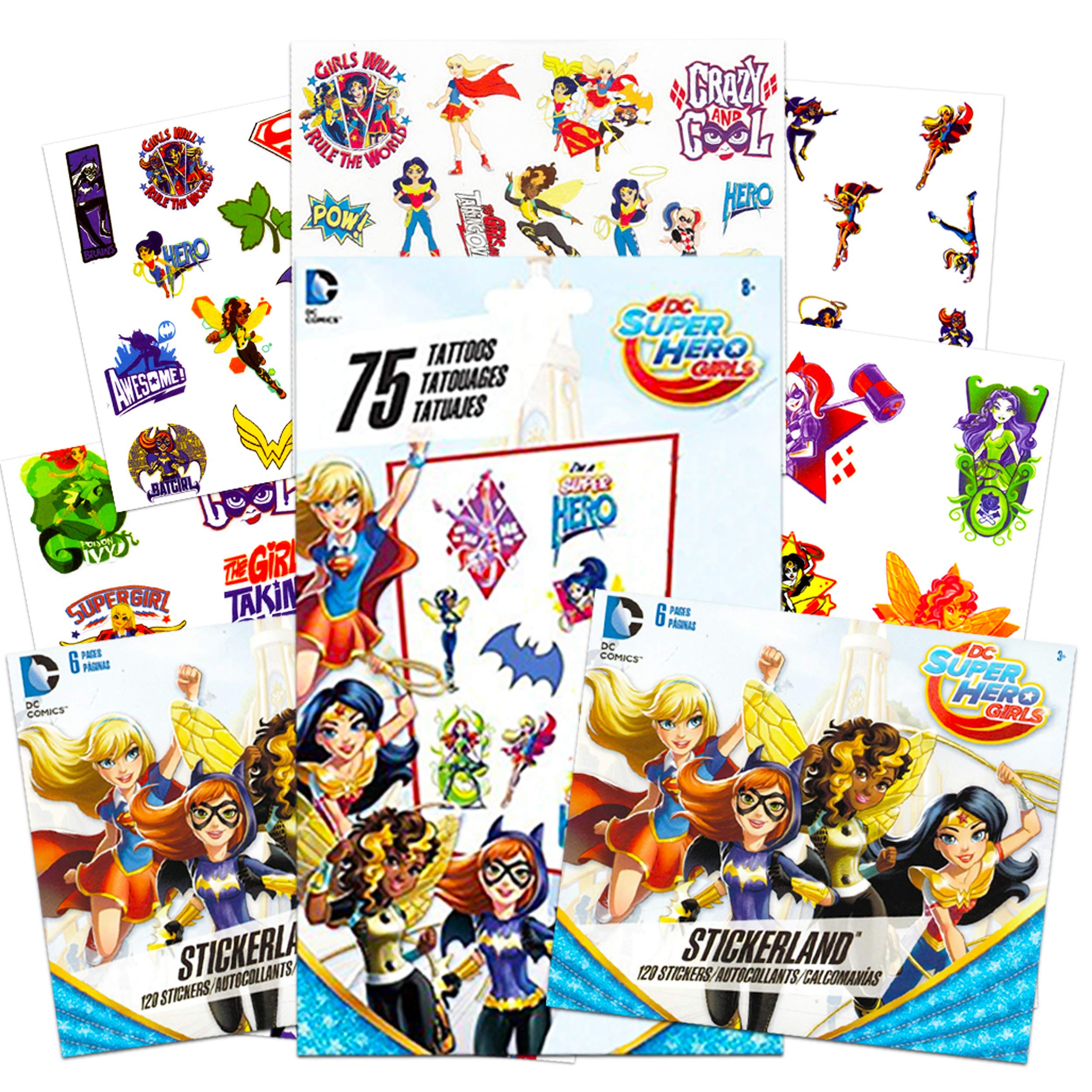 DC Super Hero Girls Temporary Tattoos & Stickers Party Pack - 75 Tattoos + 150 Stickers Set with Supergirl, Batgirl, Wonder Woman | Perfect for Birthday Parties, School Rewards, Goodie Bags & Kids Collectibles