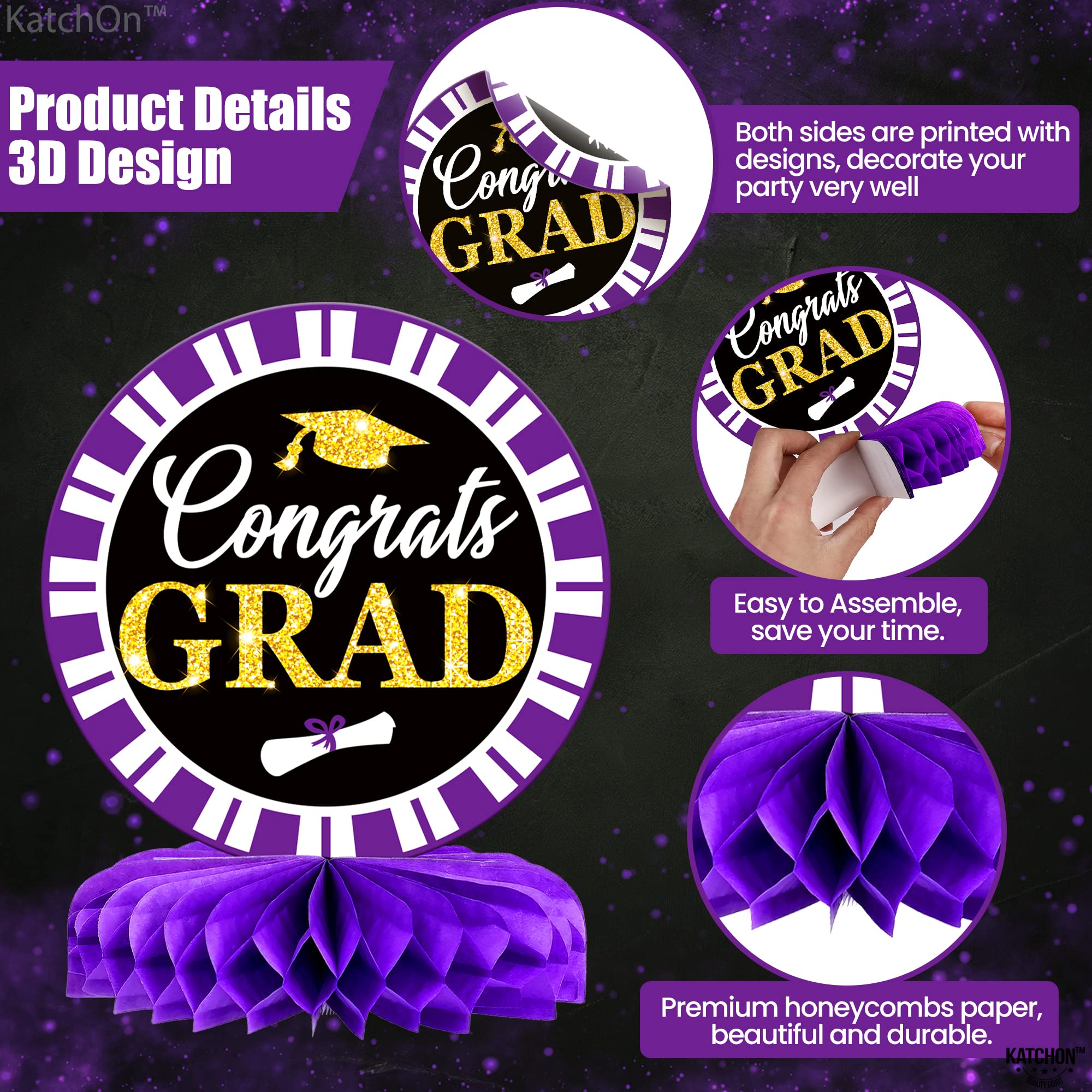 KatchOn Purple Graduation Honeycomb Centerpieces 2025 - Pack of 9 | Class of 2025 Graduation Table Decorations for Party, Ceremony & School Events - Perfect for Graduation Centerpieces Decor