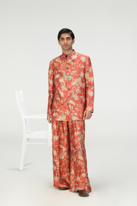 Bandhgala Silk Brocade Jacket - Red Zig Zag Pattern for Men | Indian Wedding Attire & Formal Occasions