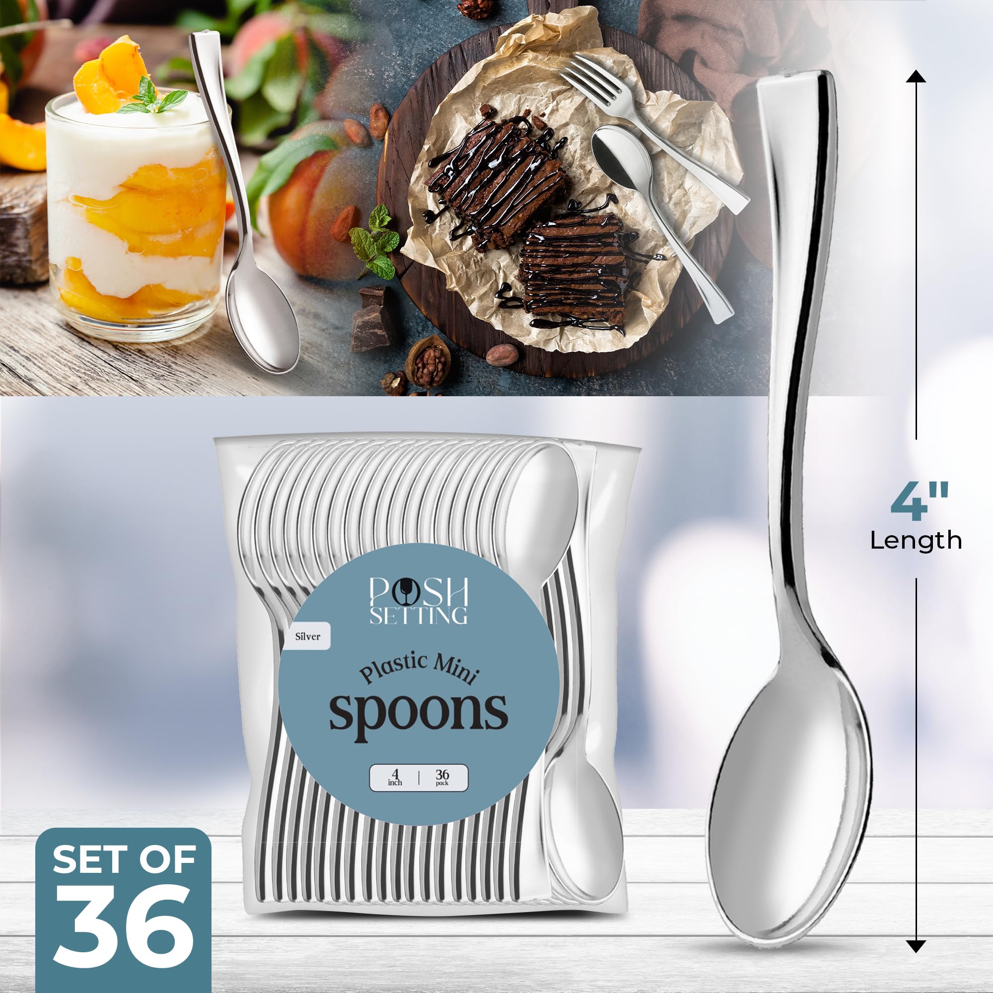 Elegant 4-Inch Disposable Plastic Mini Spoons - Silver Dessert Spoons for Appetizers, Ice Cream, Tasting Samples, Party Favors (36 Pack) - Perfect for Catering, Weddings, and Cocktail Events