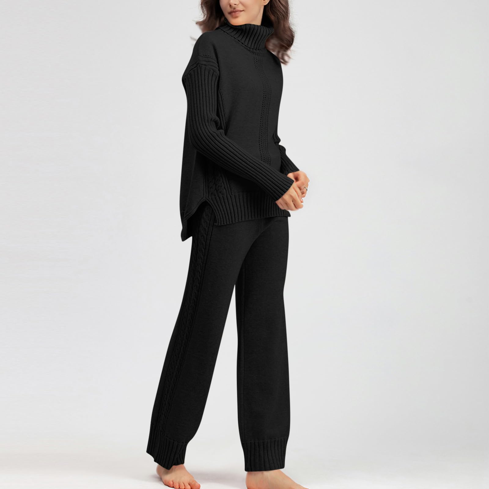 Women's 2-Piece Knitted Lounge Set - Long Sleeve Sweater Top & Pants Comfy Outfit for Autumn Winter | UK Size | Cozy Home Wear, Sleepwear & Casual Pajama Sets for Relaxing at Home