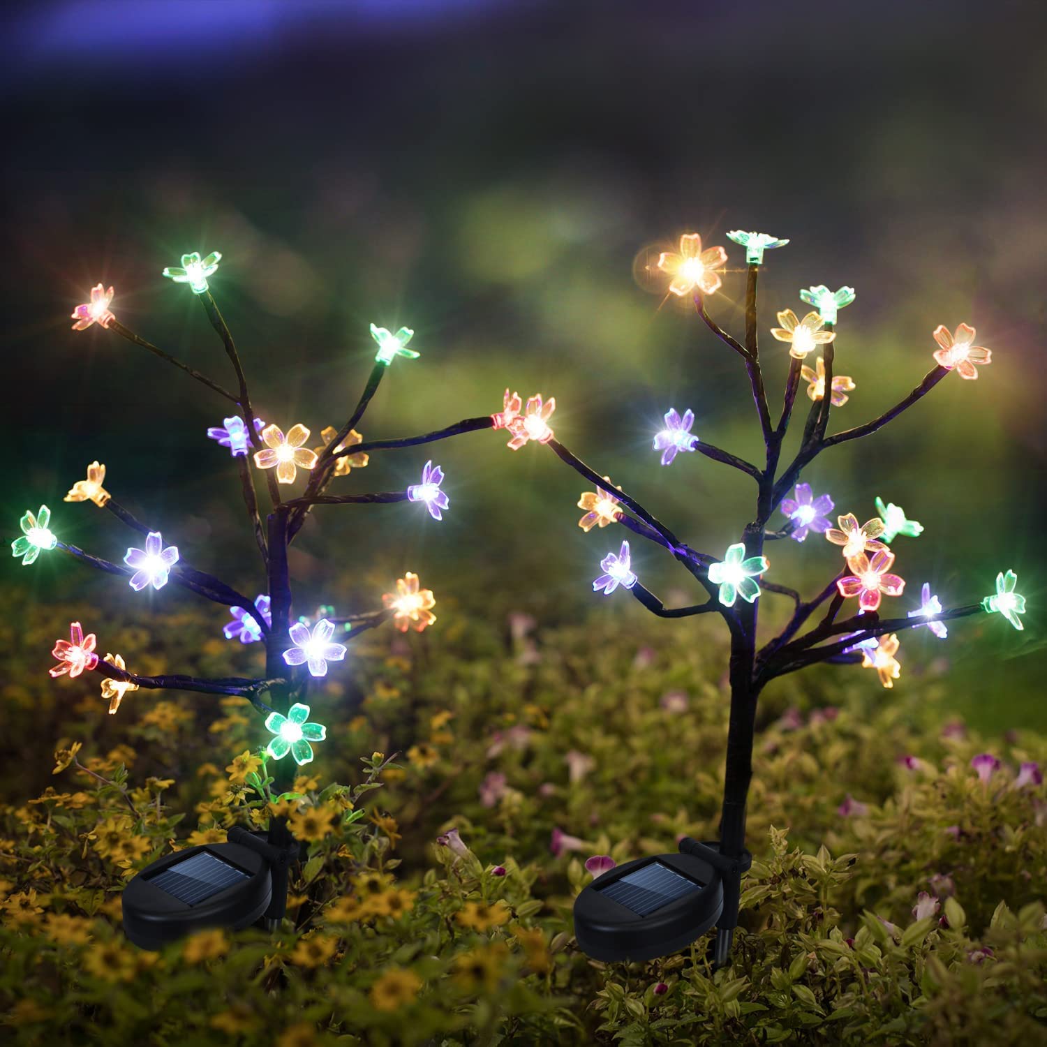 UBERSWEET® 20 LED Solar Flower Lights Outdoor Waterproof - Color Changing Garden Decor, Pathway & Yard Landscape Lighting, Fairy Lights for Festivals & Weddings (Multicolor, 2 Pack) - Perfect for Patio, Lawn, Backyard, and Holiday Decorations