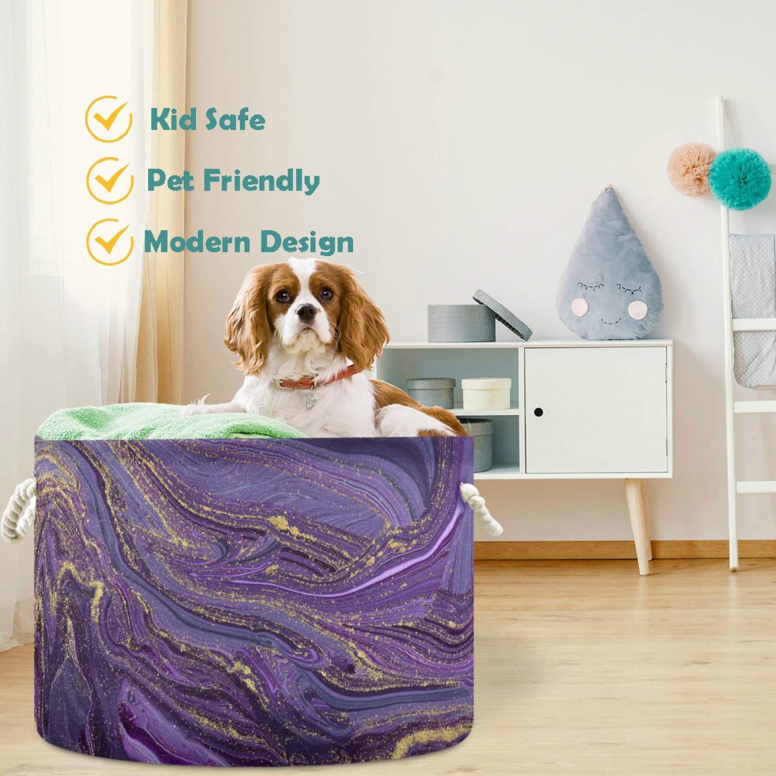 Visesunny Purple Marble Laundry Basket with Golden Veins - Collapsible Fabric Storage Bin for Clothes, Toys & Organizing | Perfect for Bathroom, Bedroom, Nursery, Closet & Office | Space-Saving Home Decor Solution