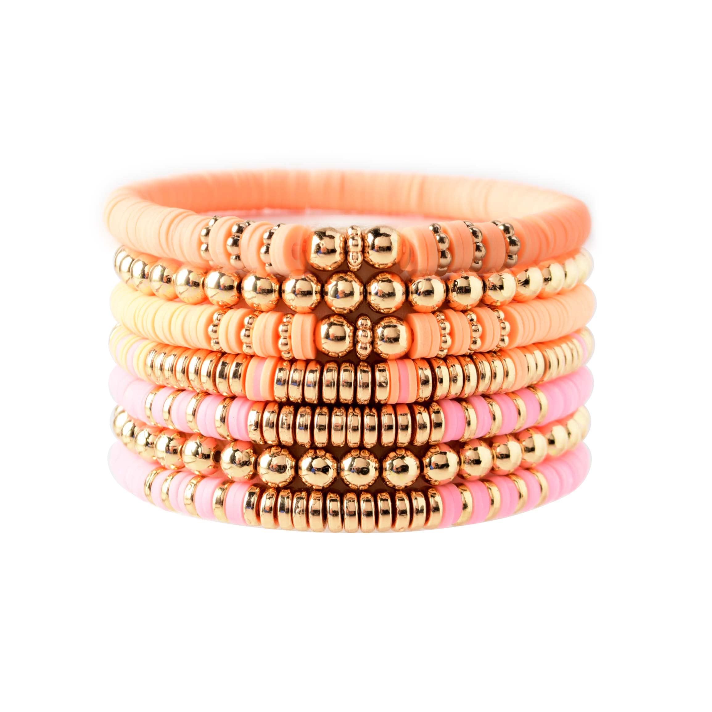 GOOJIDS Surfer Heishi Clay Bead Bracelets for Women - Bohemian Stackable Gold Beaded Stretch Bracelets - Elastic Layering Friendship Bracelets Set - Boho Jewelry for Beach, Festival, Yoga & Everyday Wear