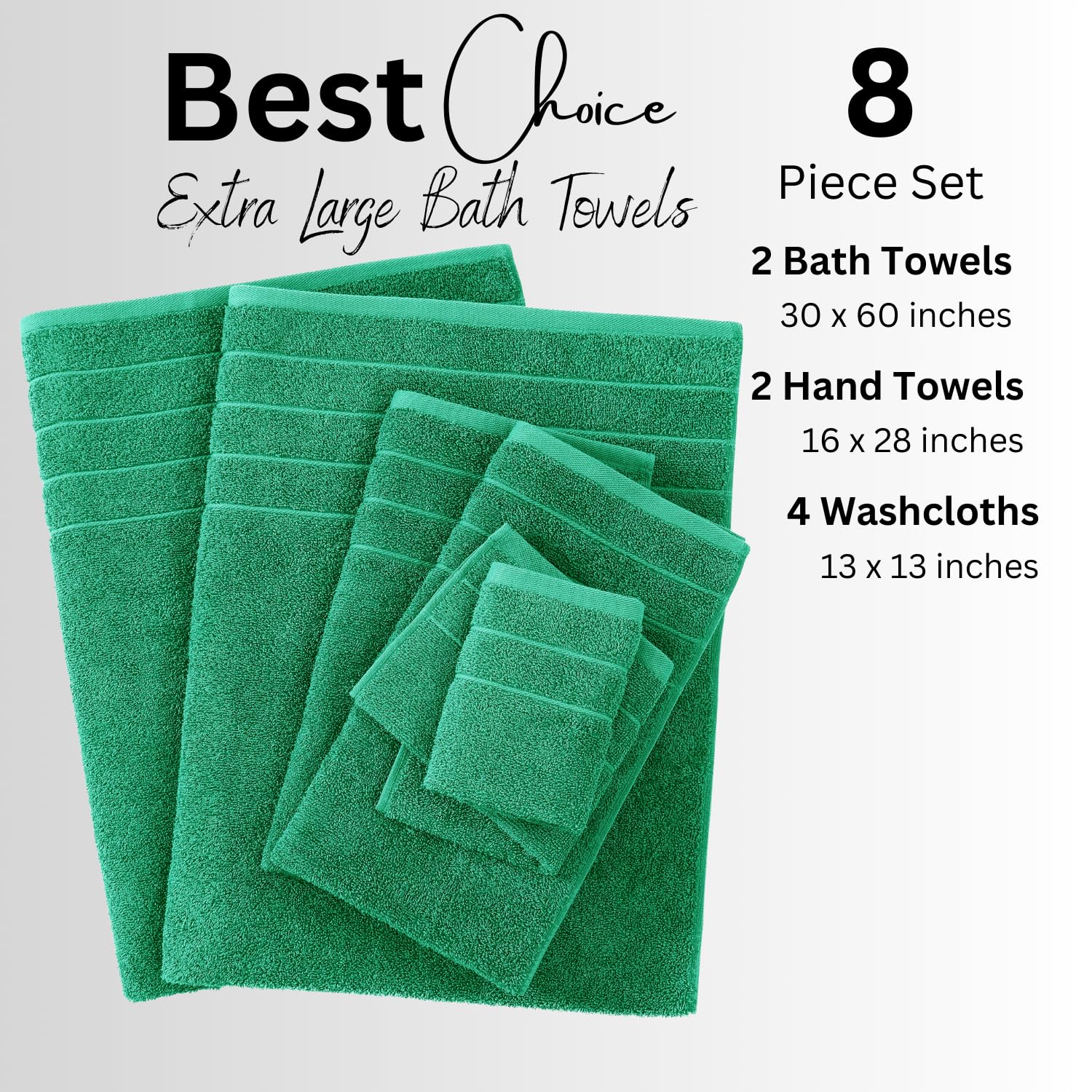 Premium 8-Piece Green Bath Towel Set - 2 Large Bath Towels (30x60 Inches), 2 Hand Towels & 4 Washcloths | 100% Ring-Spun Cotton, Ultra Soft & Quick-Drying | Luxury Bathroom Essentials for Spa, Guest Bath & Home Decor