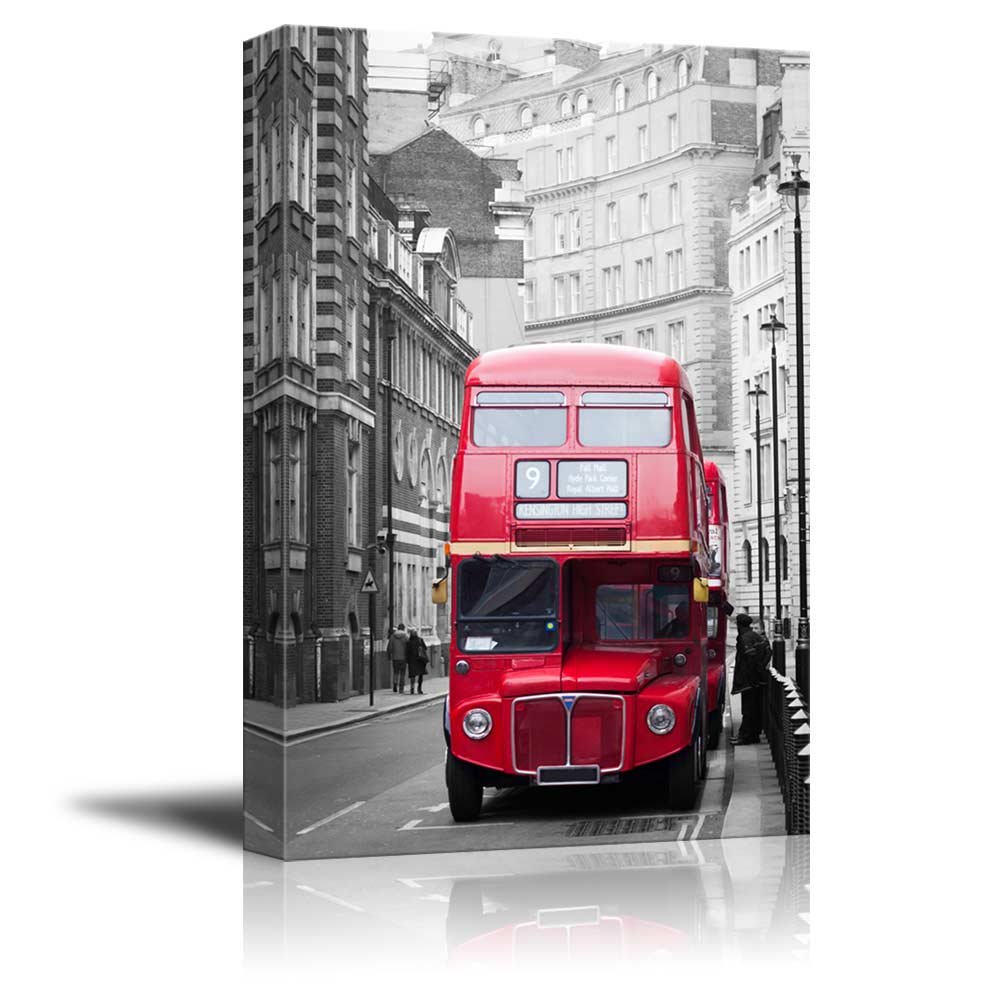 Pop of Color The Red Bus in London Canvas Art - 32x48 Inches Wall Decor for Living Room, Office & Bedroom - Vibrant Red Bus Stands Out Against Black & White Background - Premium Home Art by wall26