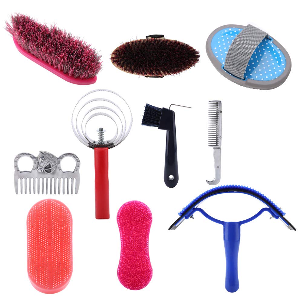 Zerodis 10Pcs Horse Grooming Kit - Curry Comb & Care Brush for Farm Riders & Beginners - Stable & Trail Use