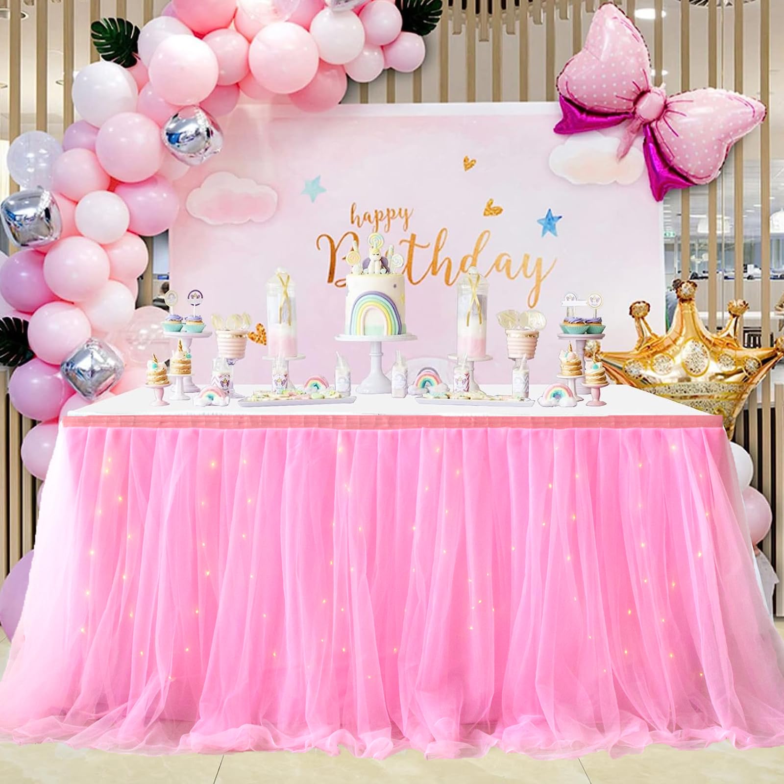 Albassa Pink Tulle Table Skirt with LED Lights - 9ft Long x 30in High Tutu Table Cover for Rectangle or Round Tables | Perfect for Baby Showers, Birthday Parties, Wedding Receptions & Cake Table Decorations