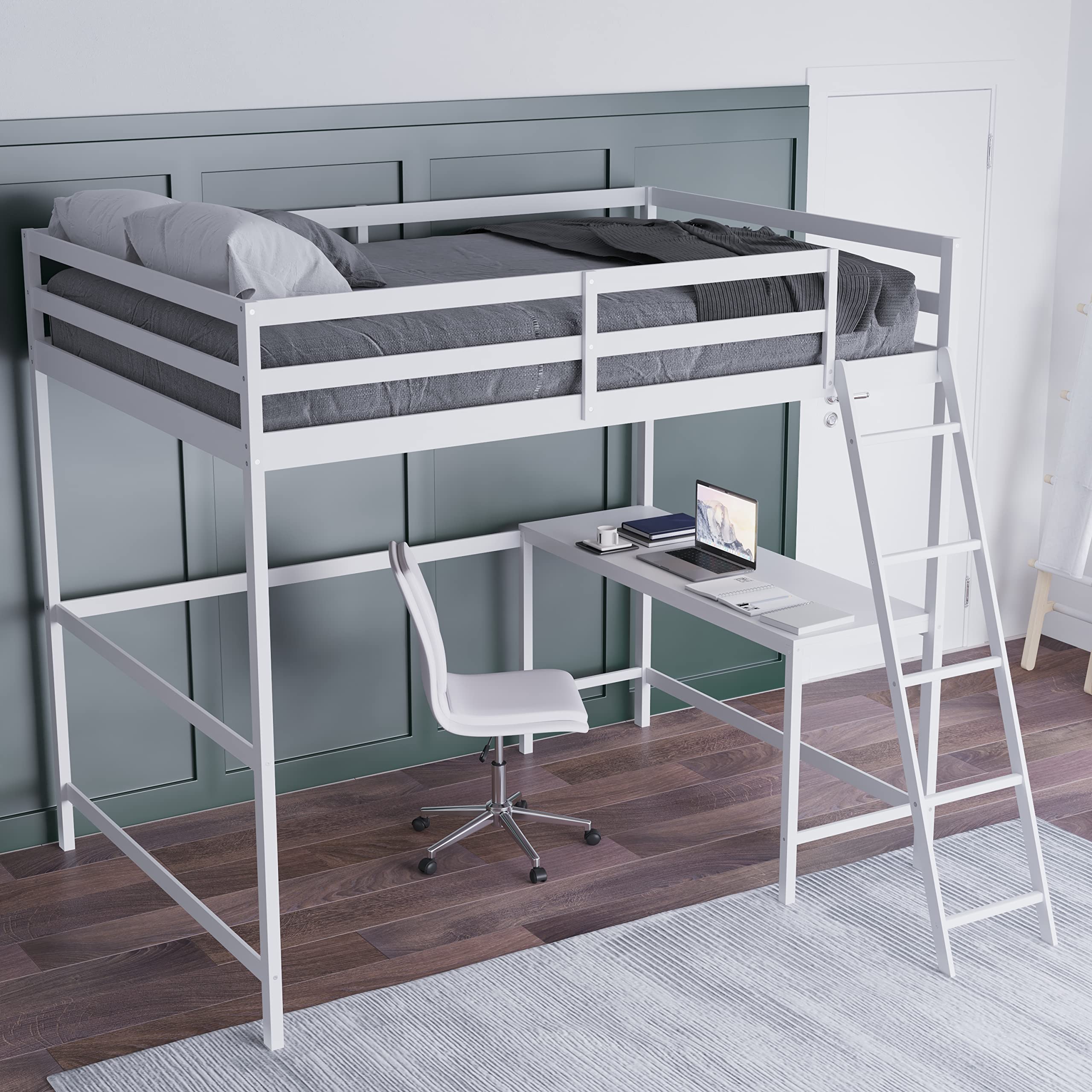 Emma & Oliver Ridley Full Size Loft Bed with Desk - White Pine Wood Frame - Underbed Study Space - Safety Guardrails - Fits 6-8