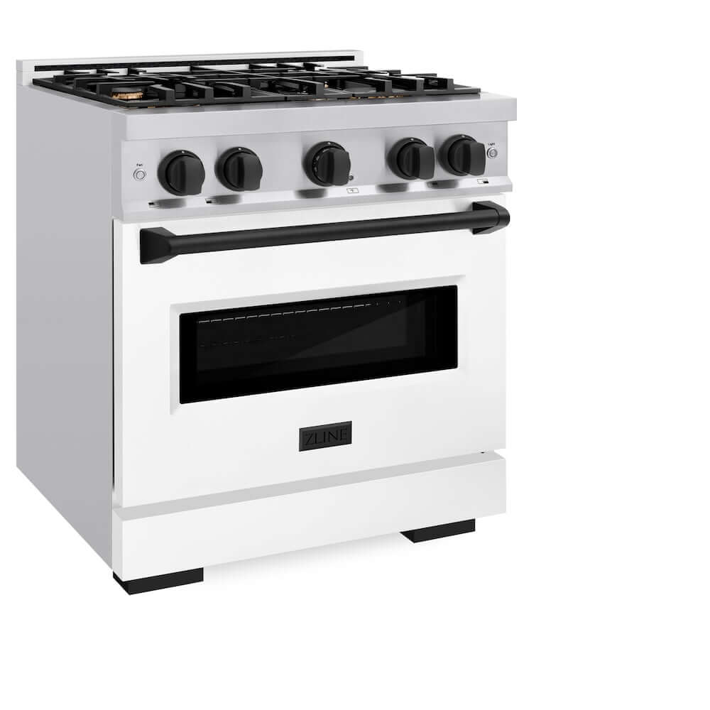 ZLINE Autograph Edition 30 Inch 4.2 cu. ft Stainless Steel Gas Range - 4 Burner Cooktop & Convection Oven with White Matte Door & Black Accents (CGRZ WM 30 MB) | Professional Kitchen Appliance for Home Chefs & Cooking Enthusiasts