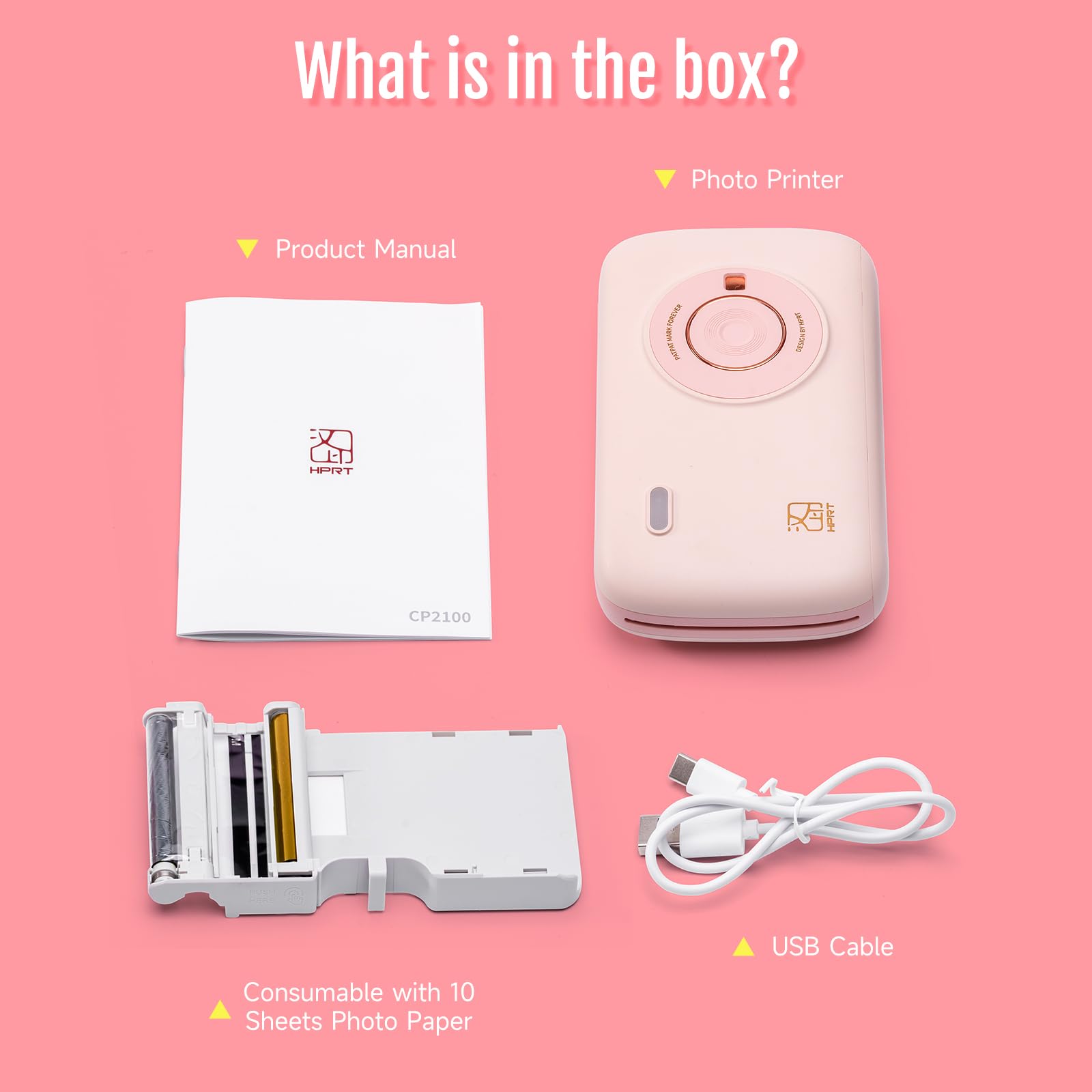 HPRT CP2100 Mini Bluetooth Photo Printer for iPhone & Smartphone - Portable Wireless Instant Picture Printer with Thermal Dye Sublimation Technology (Pink) - Print Memories Anywhere, Perfect for Travel, Parties & DIY Scrapbooking