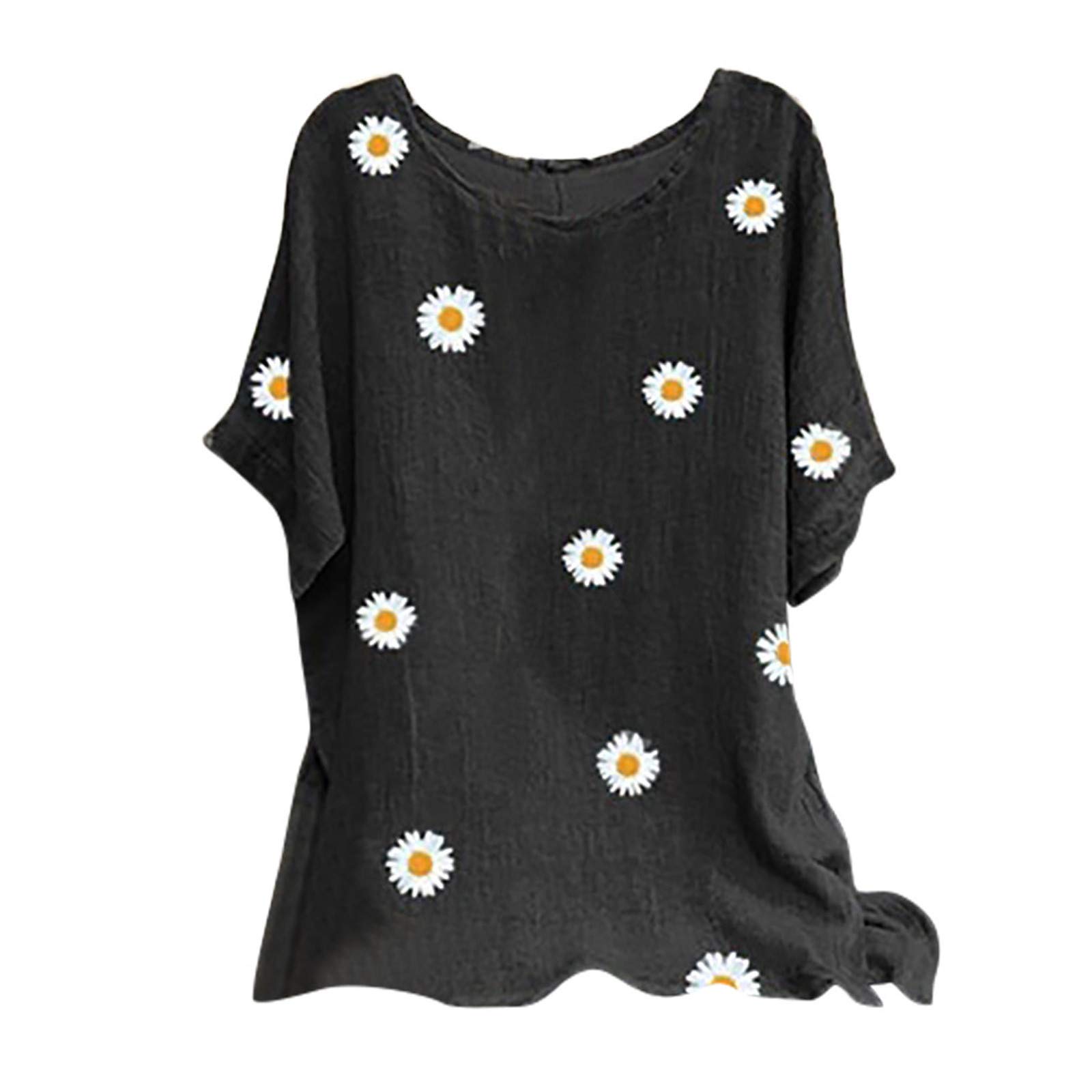 LATINDAY Women's Cotton Linen T-Shirts - Short Sleeve Round Neck Casual Loose Tunic Tops Blouse for Summer, Travel & Everyday Wear
