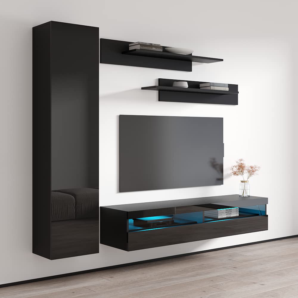 Modern Floating TV Stand with Storage & LED Lights - Wall-Mounted Entertainment Center for Bedroom & Living Room - 35 Inch TV Console with Shelves - Black - Perfect for Small Spaces & Home Theater Setup