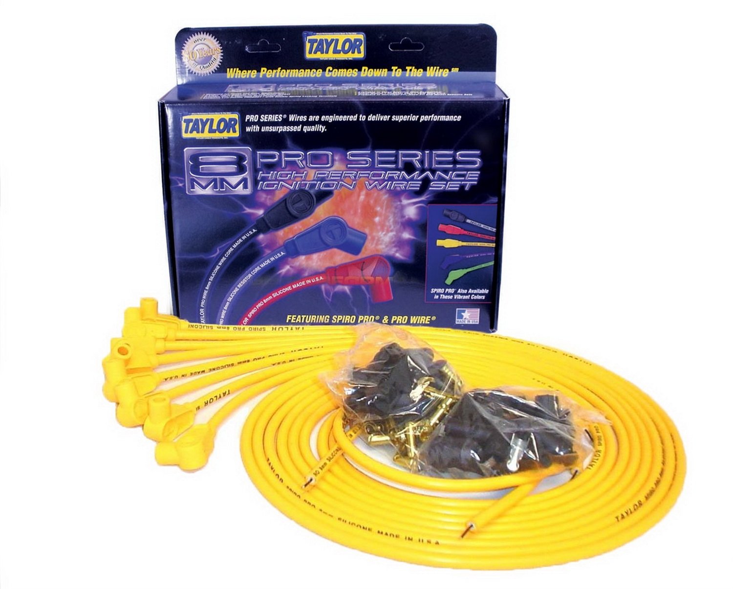 Taylor Cable 73451 Spiro-Pro Yellow Spark Plug Wire Set - High Performance Ignition Wires for Ford, Chevy, Dodge & More - Perfect for Racing, Off-Road & Engine Upgrades