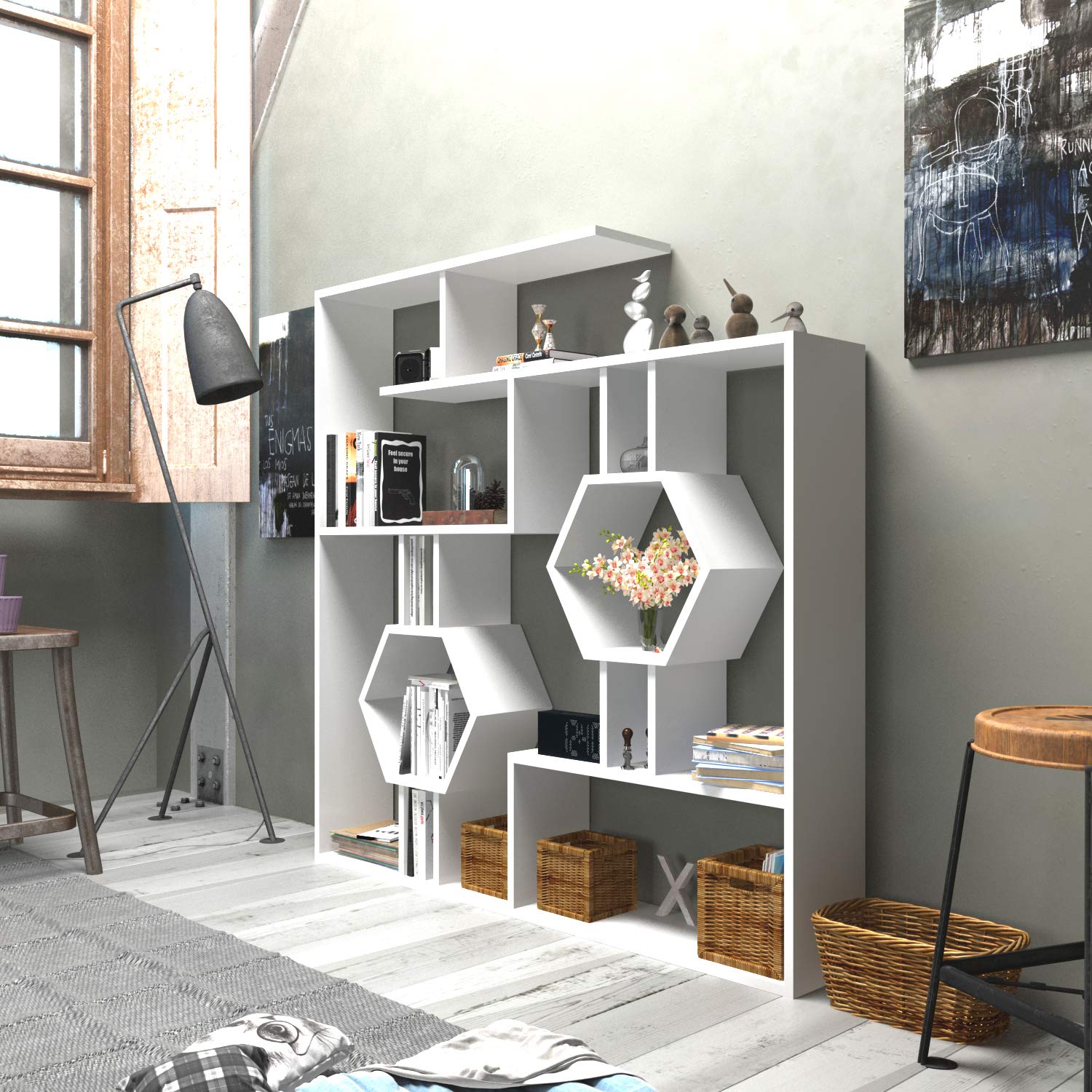 Decorotika - Tamara Geometric Bookcase, Modern Bookshelf with Cubic Shelves, White Storage Unit - Perfect for Living Room, Office & Bedroom Organization