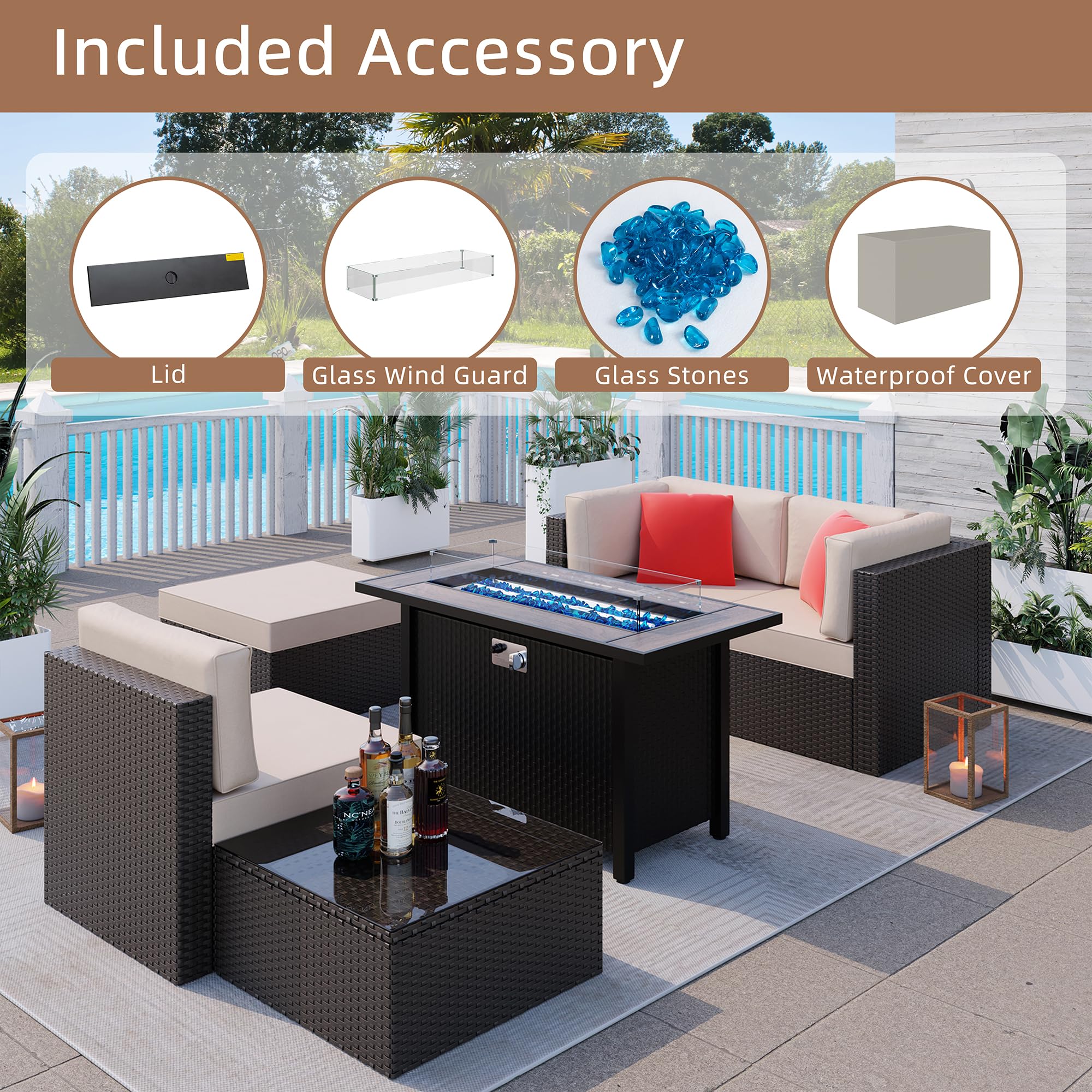 Shintenchi 45 Inch Outdoor Propane Fire Pit Table - 50,000 BTU Steel Gas Fire Pit with Glass Window Protector, Lid, Crystal Stones & Waterproof Cover - Rattan Pattern Brown Top for Patio, Garden, Backyard & Poolside Gatherings