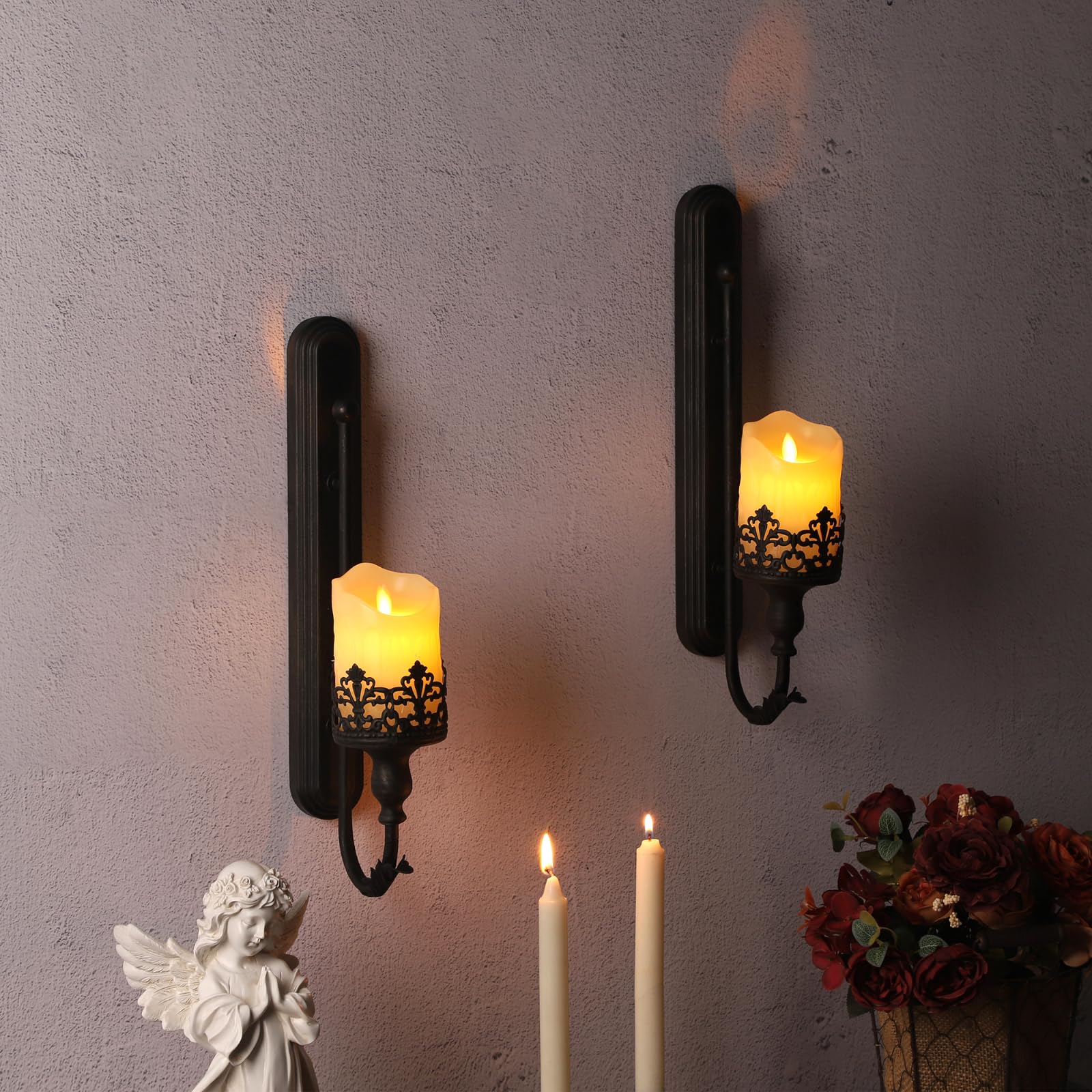 We Moment Set of 2 Black Metal Wall Mount Candle Holders - Modern Retro Crown Sconces for Living Room, Fireplace, Wedding & Farmhouse Decor - Perfect for Romantic Ambiance, Dinner Parties & Holiday Decorations