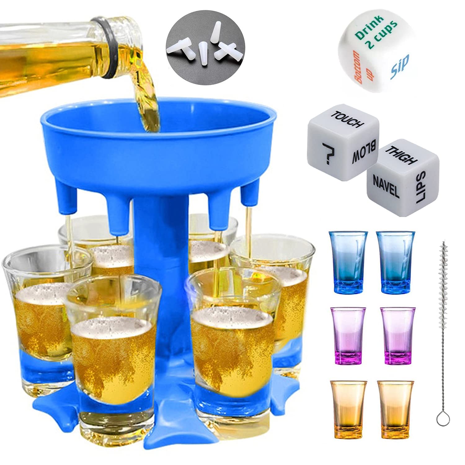 6-Piece Shot Glass Dispenser Set with 6 Glasses & Game Dice - Blue Shot Pourer System for Liquor, Party Accessories - Perfect for Home Bars, Game Nights & Cocktail Parties