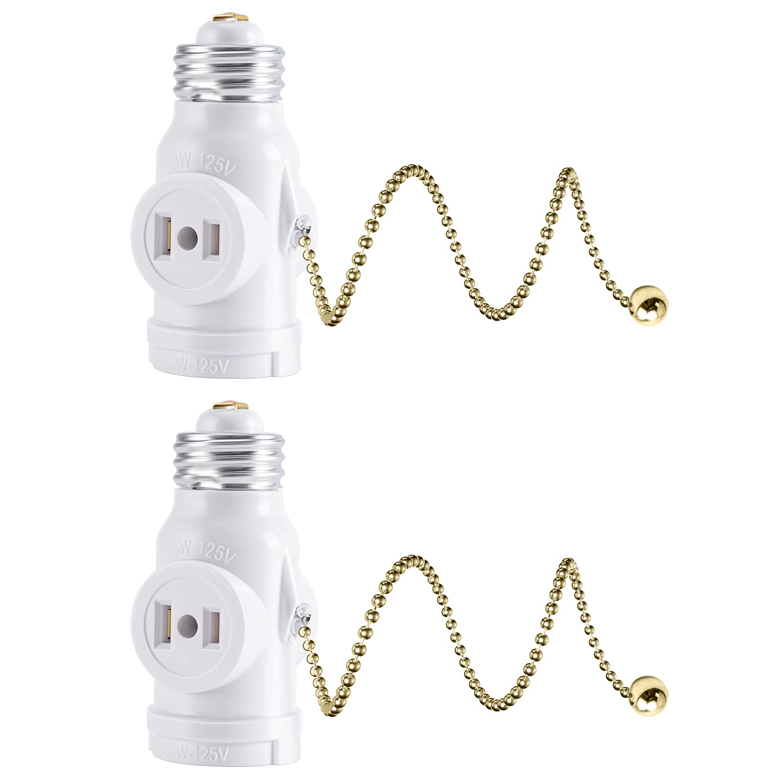 DiCUNO E26 Light Socket to 2-Prong Outlet Adapter with Pull Chain - UL Listed, White, 8.27 Inch Chain - for Ceiling Lights, Porch Lights & Lamps - Pack of 2 - Perfect for Home, Garage & Outdoor Lighting