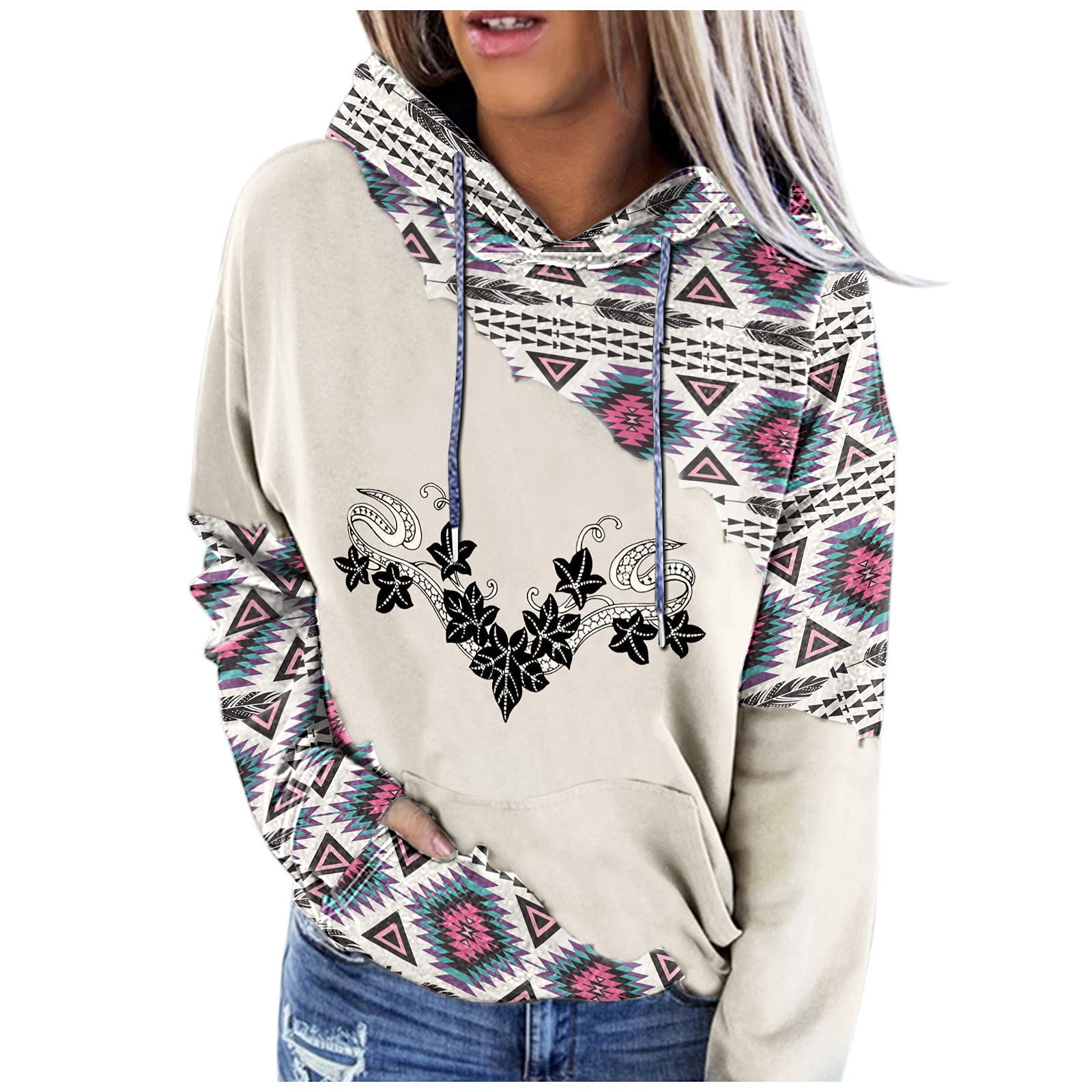 Vintage Ethnic Print Women's Zip-Up Hoodie with Drawstring & Pockets - Cozy Long-Sleeve Pullover Sweater for Casual Wear, Street Style & Outdoor Activities