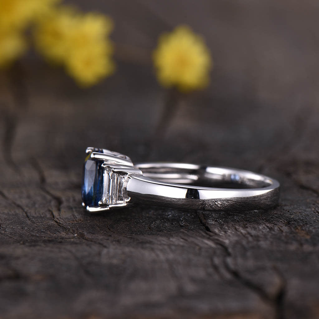 Vintage Natural Oval Cut Sapphire and Baguette Cut Moissanite Three Stone Engagement Ring for Women - Perfect for Proposals, Anniversaries, and Wedding Bands