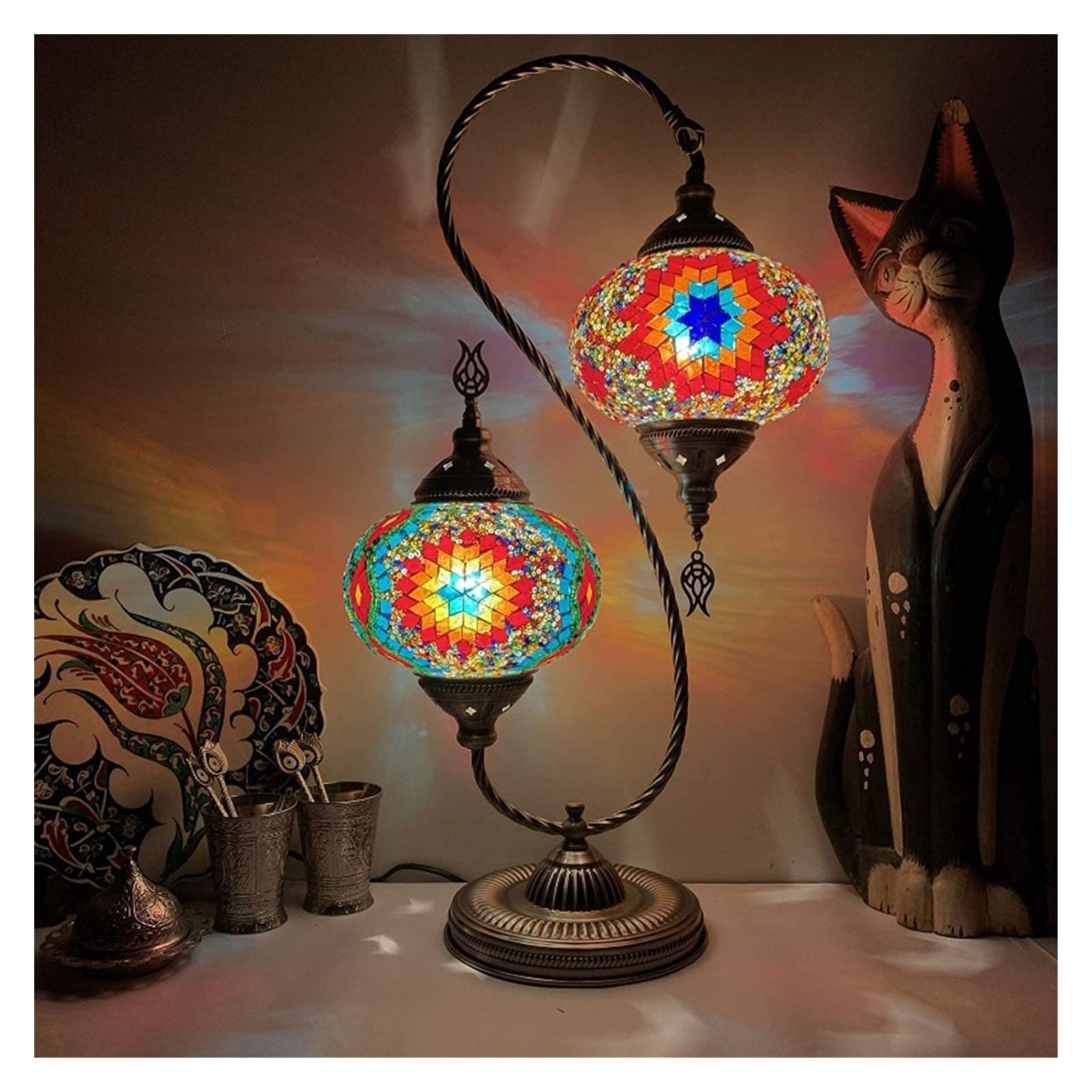 Vintage Turkish Double-Headed Table Lamp with E14 Screw Bulb - Exotic Retro Desk Lamp for Living Room, Bedroom, Restaurant & Hotel - Perfect for Reading & Ambient Lighting (Flower Color)