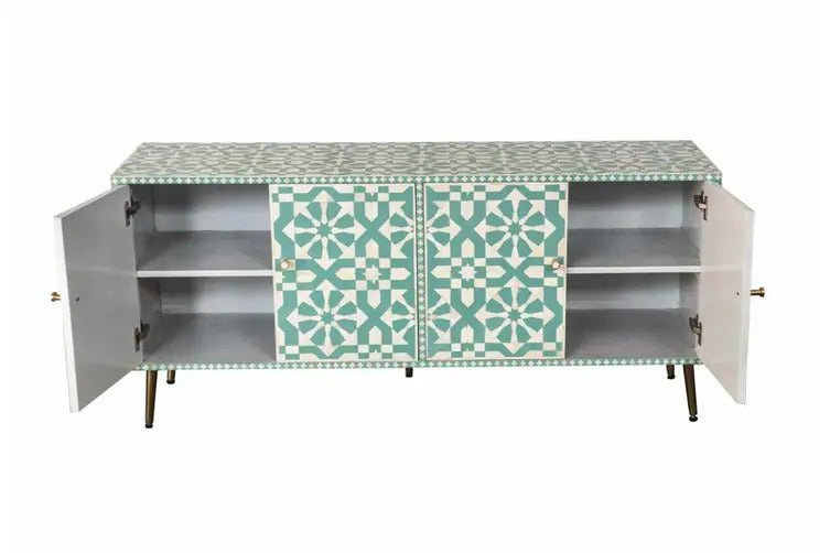 Handmade Bone Inlay Sideboard Buffet - Green & White Floral Design 4-Door Cabinet for Dining Room Storage & Home Decor