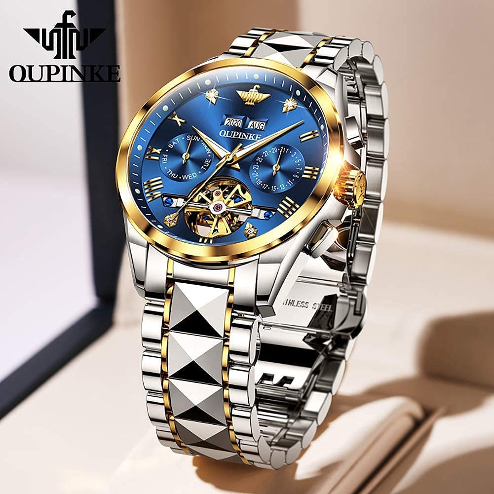 OUPINKE Men's Automatic Skeleton Mechanical Watch - Self-Winding Hollow Design, Sapphire Crystal, 50M Waterproof, Tungsten Steel Case - Perfect for Business, Formal & Casual Wear