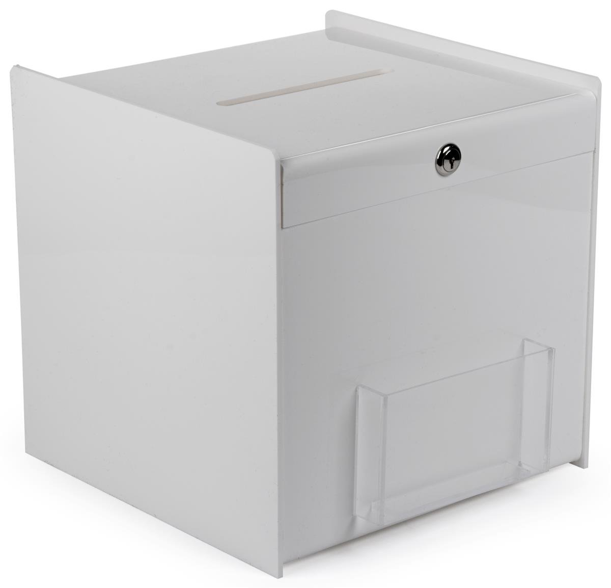 Displays2go 12-Inch Acrylic Cube Ballot Box with Key Lock & Front Brochure Pocket - Secure Voting, Donation Collection, Event Fundraising (White, BBWT) - Perfect for Elections, Charity Events, and School Activities