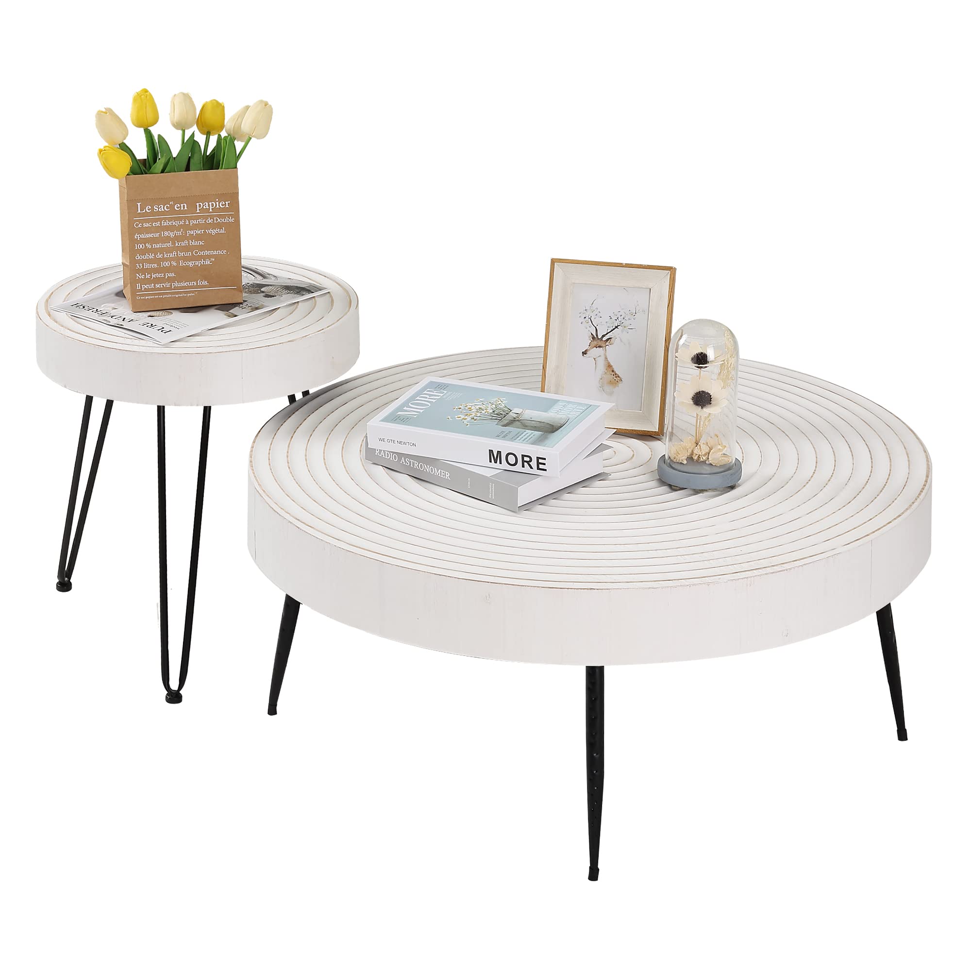 RUSTOWN Farmhouse Round Coffee Table Set of 2 - Modern Natural Wood Finish Cocktail & Side Tables for Living Room - White | Perfect for Small Spaces, Cozy Living Rooms & Farmhouse Decor