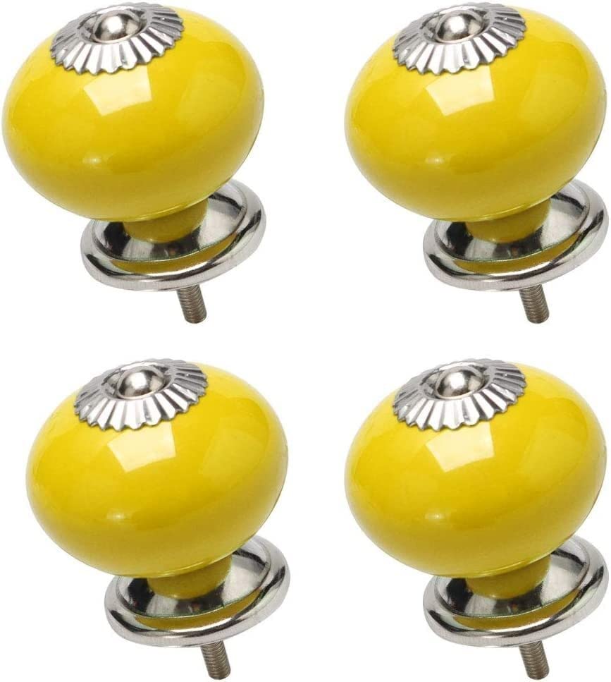 Vintage Ceramic Drawer Knobs - 4pcs Round Cabinet Handles for Furniture, Wardrobe, Dresser & Cupboard - Decorative White & Yellow Pulls - Perfect for Home Renovation & DIY Projects