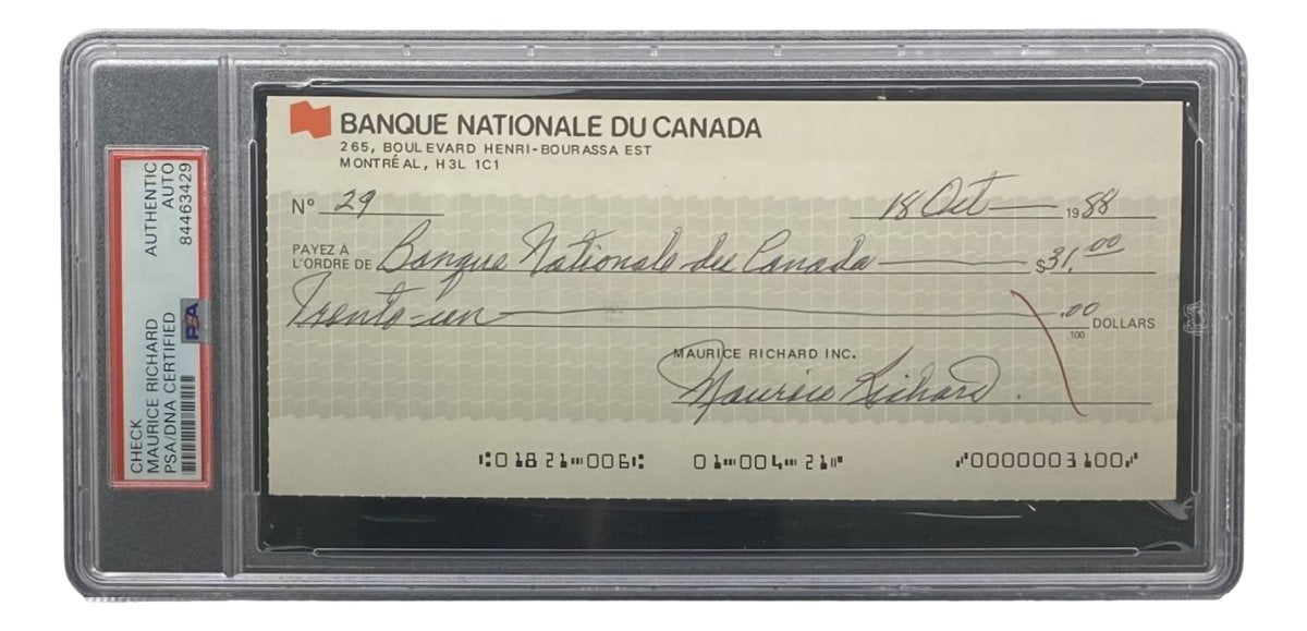 Maurice Richard Autographed Montreal Canadiens Hockey Memorabilia - Signed Bank Check #29 with PSA/DNA COA - Perfect for NHL Collectors, Hockey Fans & Sports Memorabilia Displays