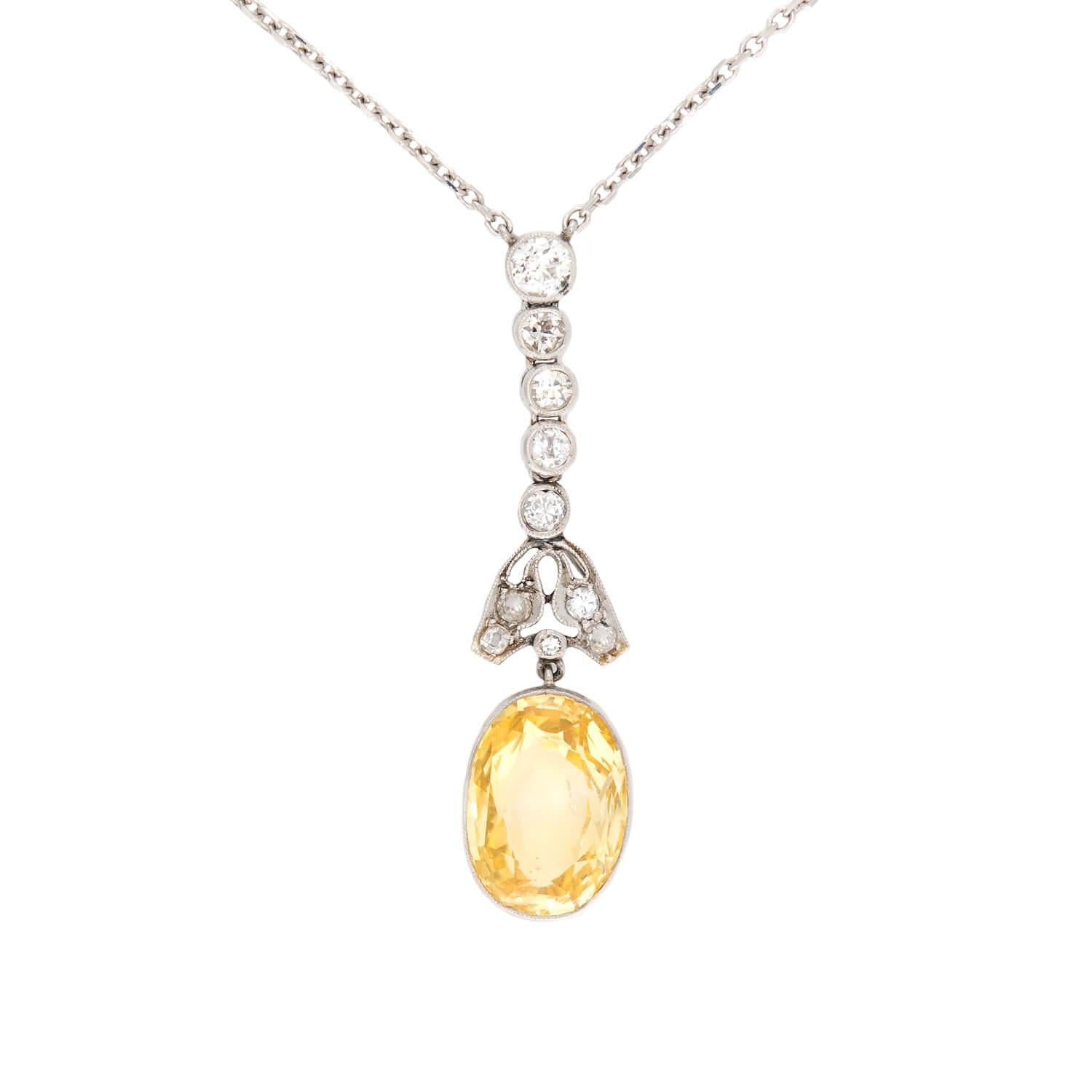 14K Yellow Gold Edwardian GIA Certified Yellow Sapphire and Diamond Pendant Necklace - Elegant Vintage Jewelry for Weddings & Special Occasions