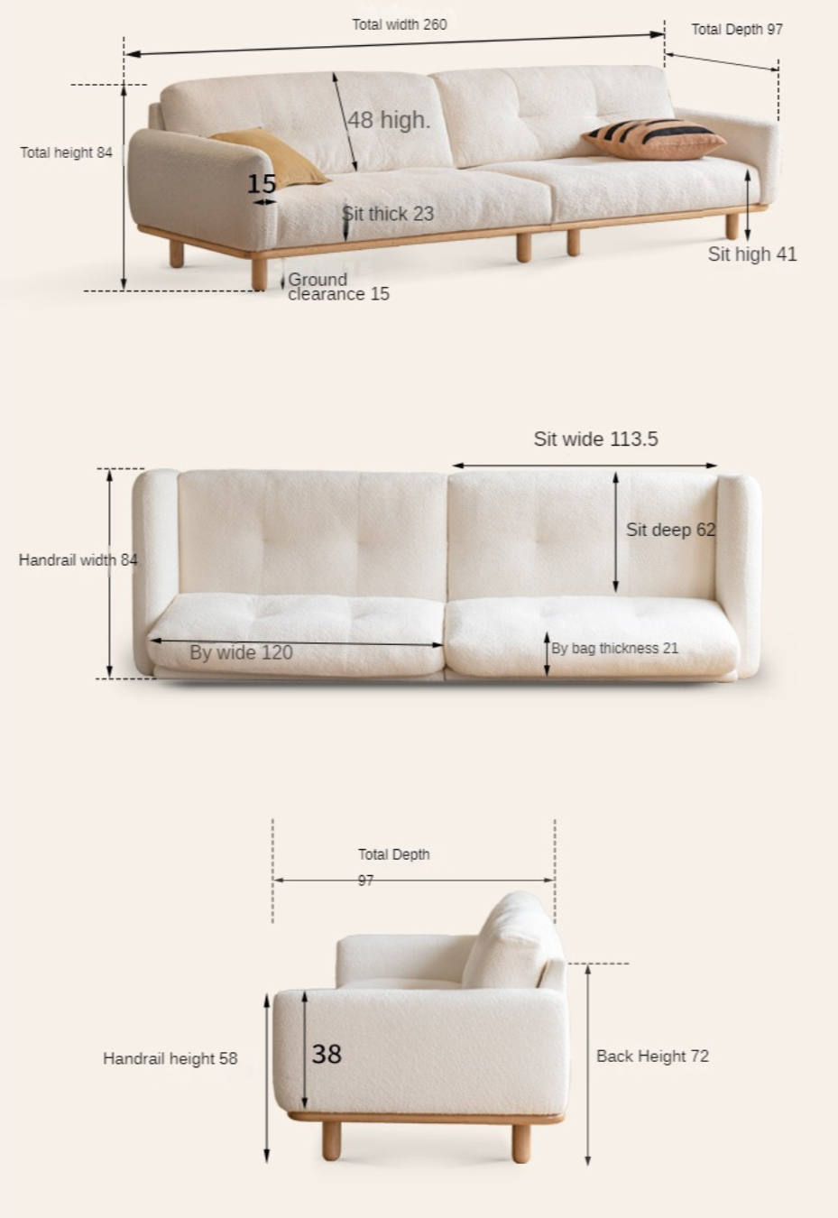 Oak Solid Wood Lamb Fleece Sofa - White Cream Modern Style | Cozy Living Room Furniture for Home Decor