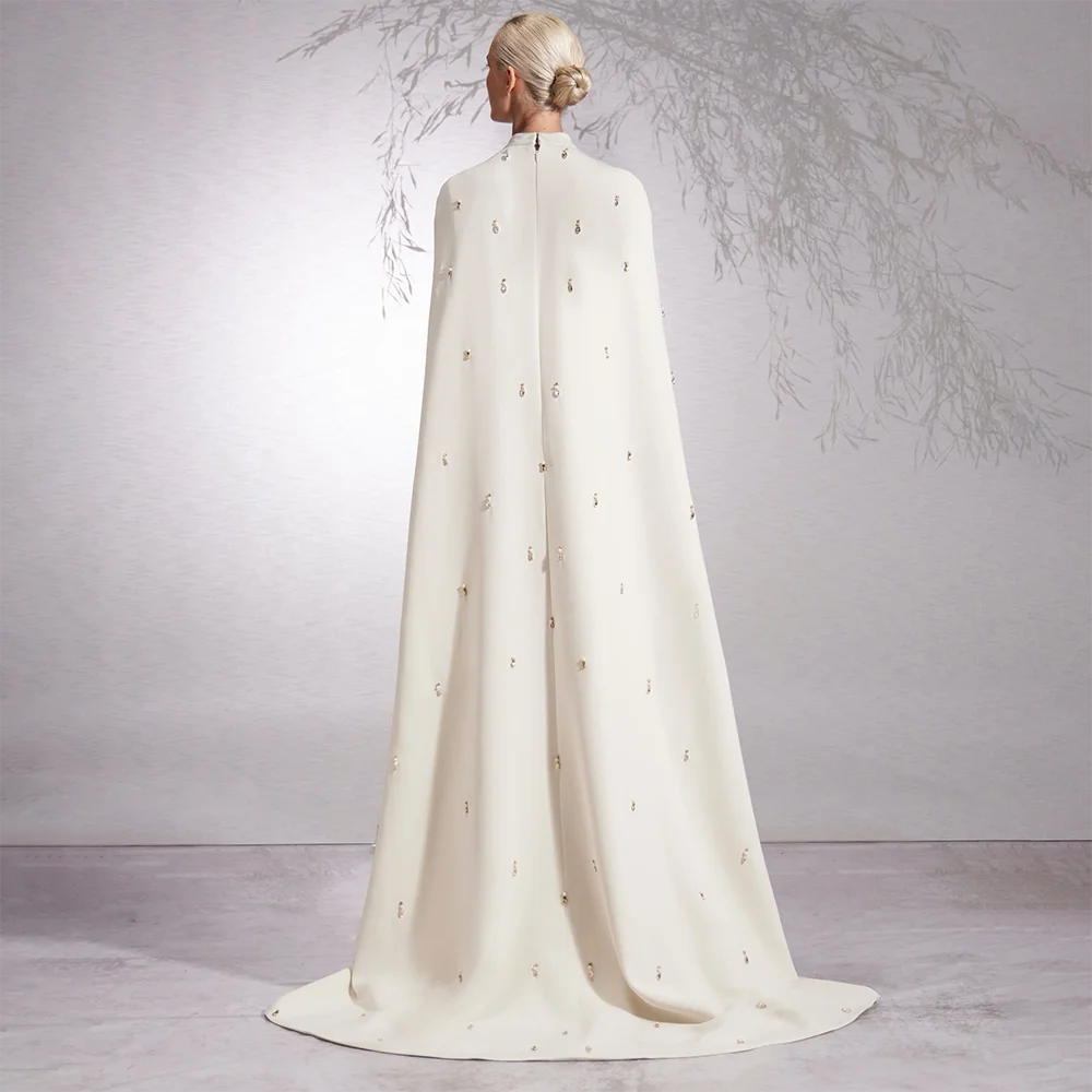 Elegant Arabic White Hijab with Beaded Satin Mermaid Long Cloak - Dubai Evening Dress Gown for Women - Perfect for Parties, Weddings & Special Occasions