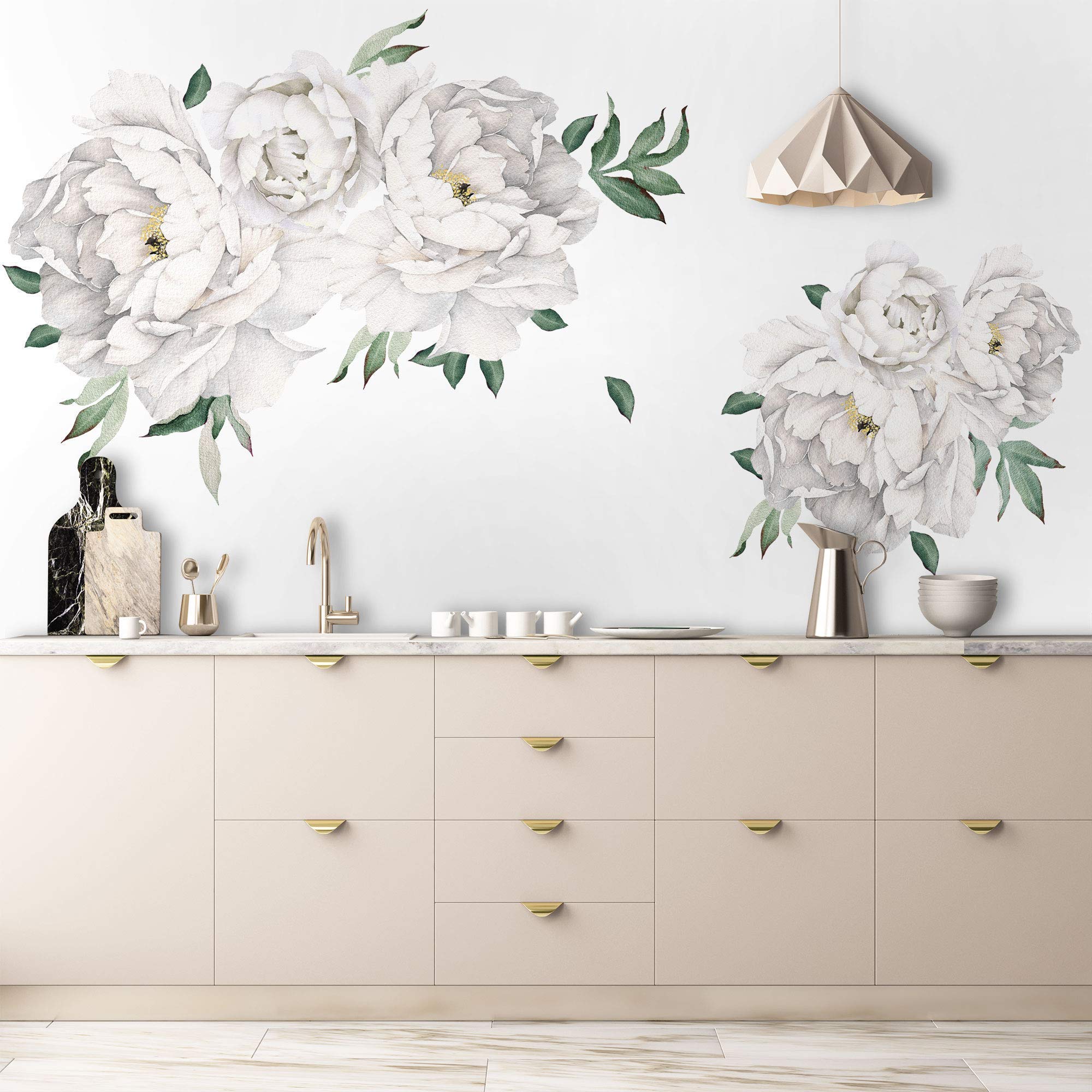 Murwall White Peony Wall Stickers - Floral Vinyl Decals for Bedroom, Kitchen, Nursery | Peel and Stick Wall Art for Home Decor, DIY Interior Design