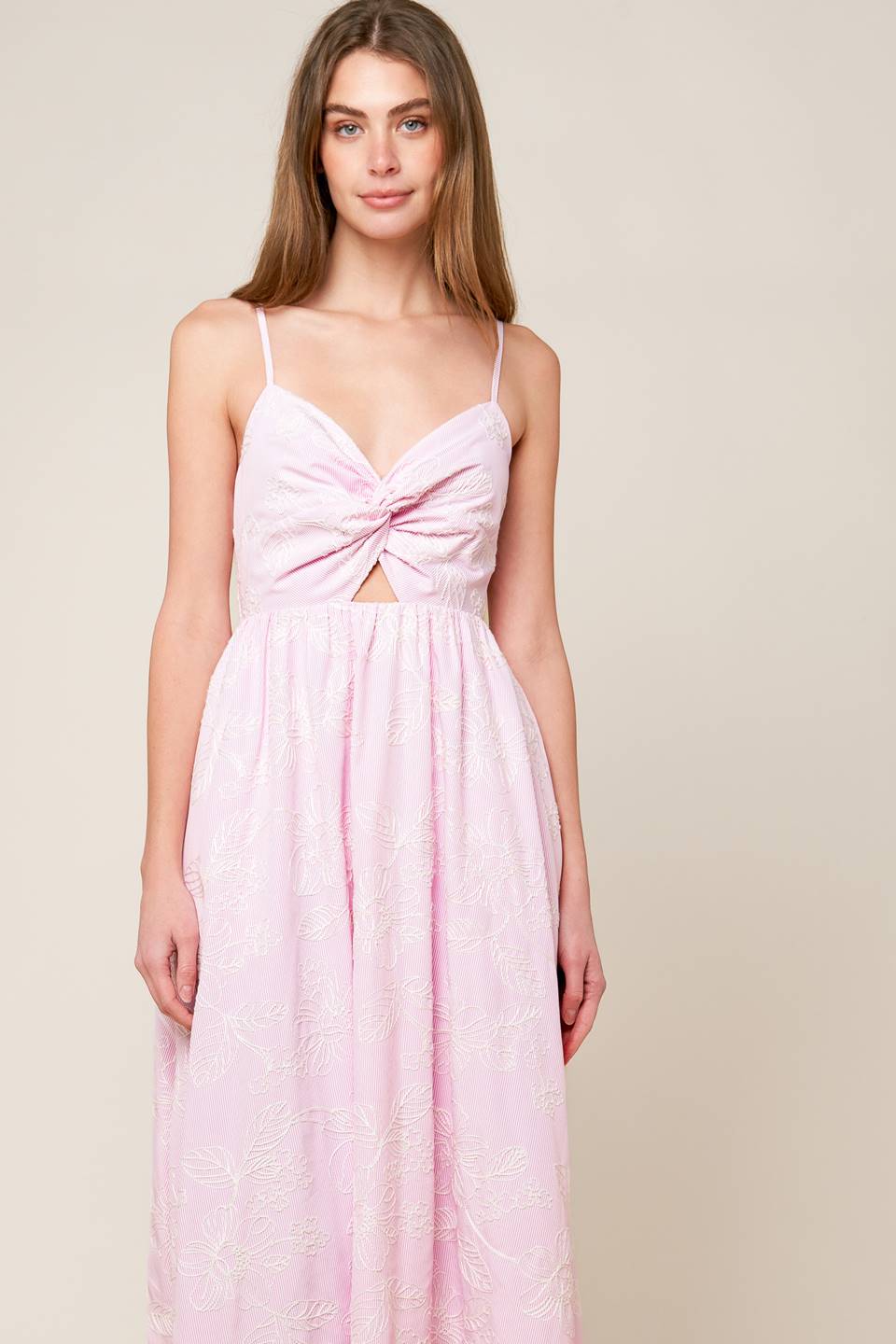 ALONG THE SHORE Pink Twist Front Midi Dress - Flowy Summer Beach Dress for Women, Perfect for Vacations, Dates & Outdoor Parties
