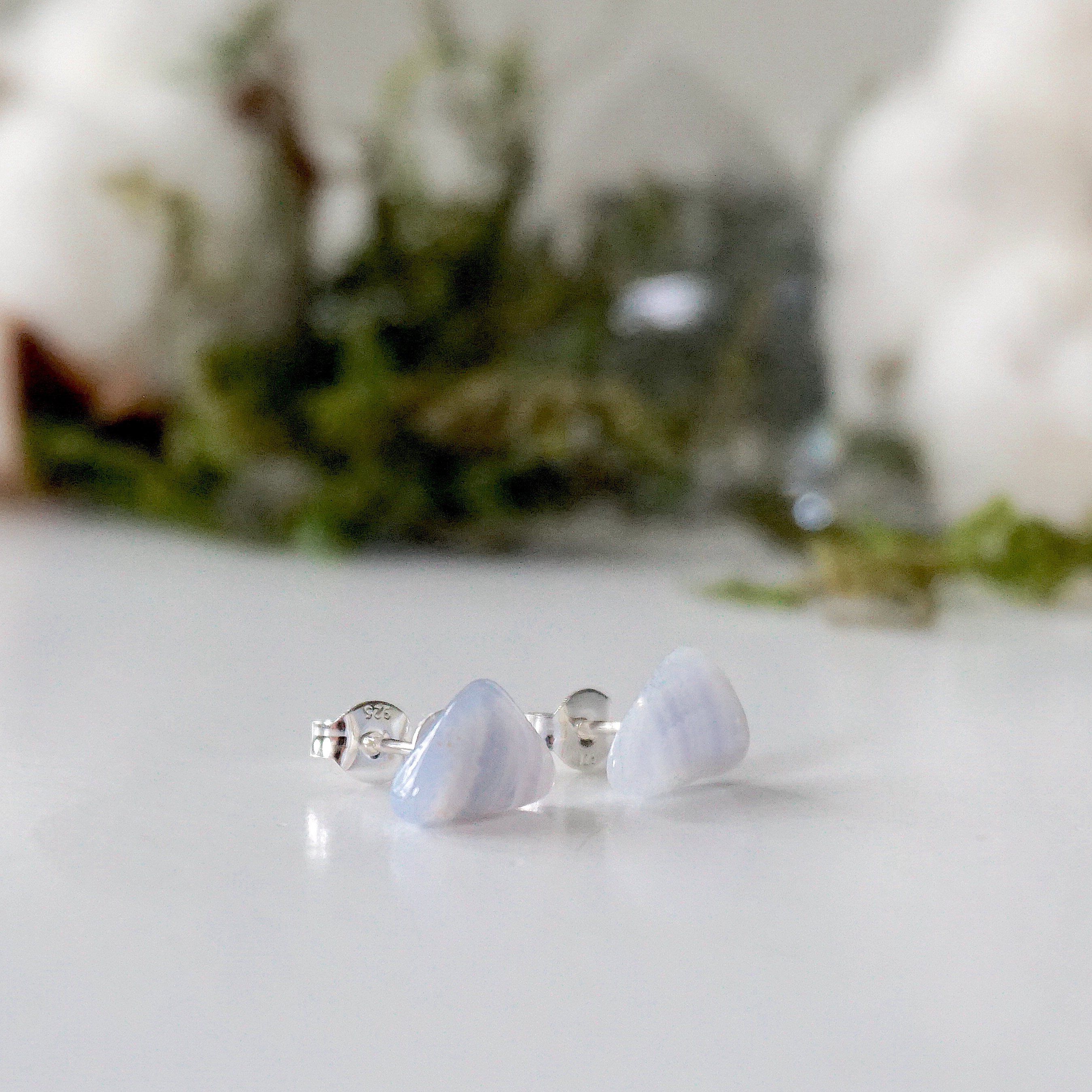 Blue Lace Agate Stud Earrings for Women - Sterling Silver Post Earrings - Elegant Dainty Jewelry for Everyday Wear, Gift Giving & Special Occasions