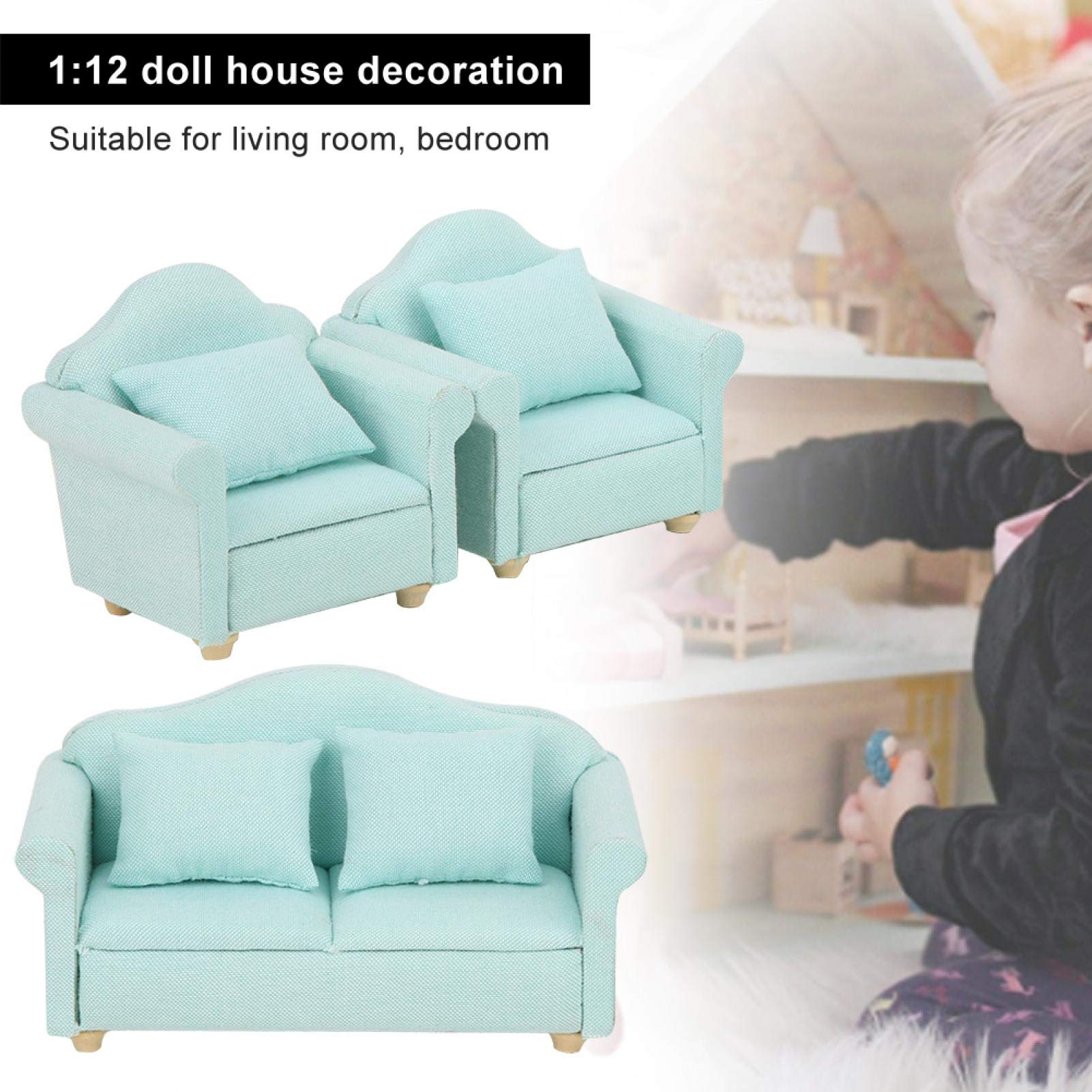 1:12 Scale Miniature Dollhouse Furniture Set - 3Pcs Green Fabric Sofa with Pillows for Dollhouse Accessories | Perfect for DIY Dollhouse Decor, Collectors Display and Miniature Scenes