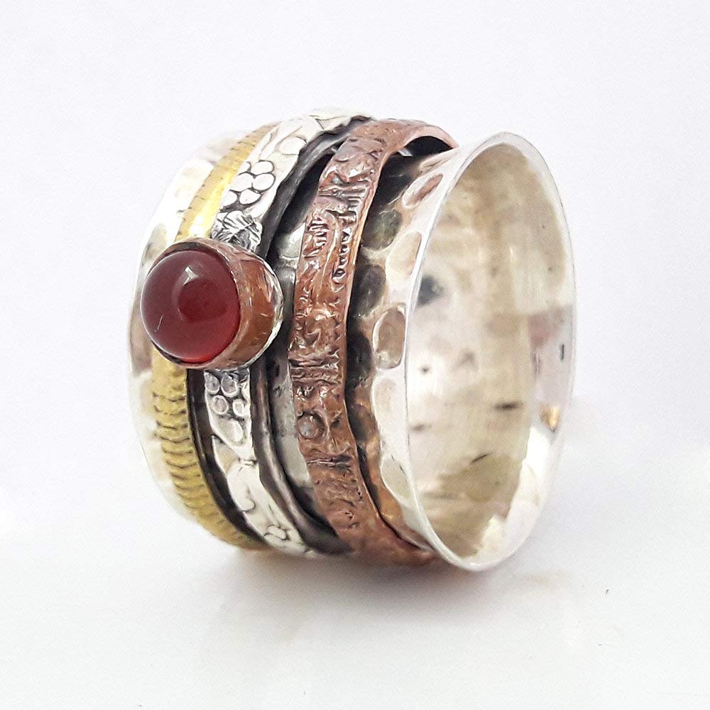 Hammered Meditation Spinner Ring for Anxiety Relief - Sterling Silver Red Onyx Gemstone Boho Chunky Textured Ring | Handmade Stress Relief Jewelry Gift for Women & Men | Perfect for Yoga, Mindfulness & Daily Wear