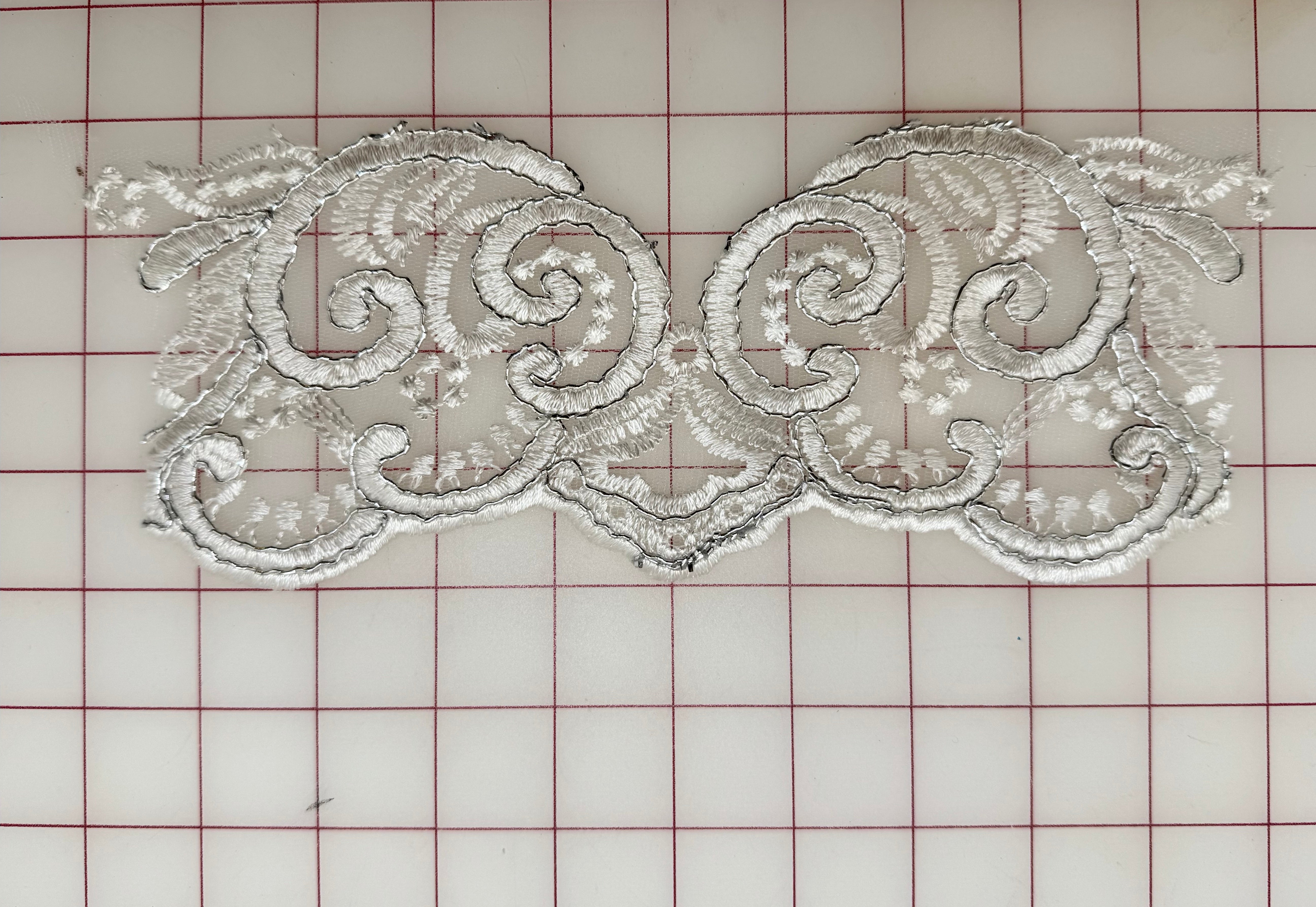 Silver Corded Lace Border Applique - White Dyeable Trim for Wedding Dresses, Bridal Gowns & DIY Costume Design