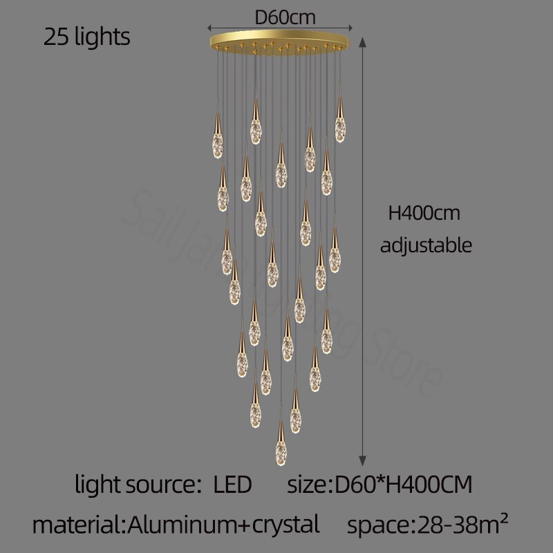 Crystal Cones Staircase Chandelier - Elegant Modern Lighting Fixture for Stairwells, Entryways & Luxury Homes | Dimmable LED Ceiling Light for Grand Staircases